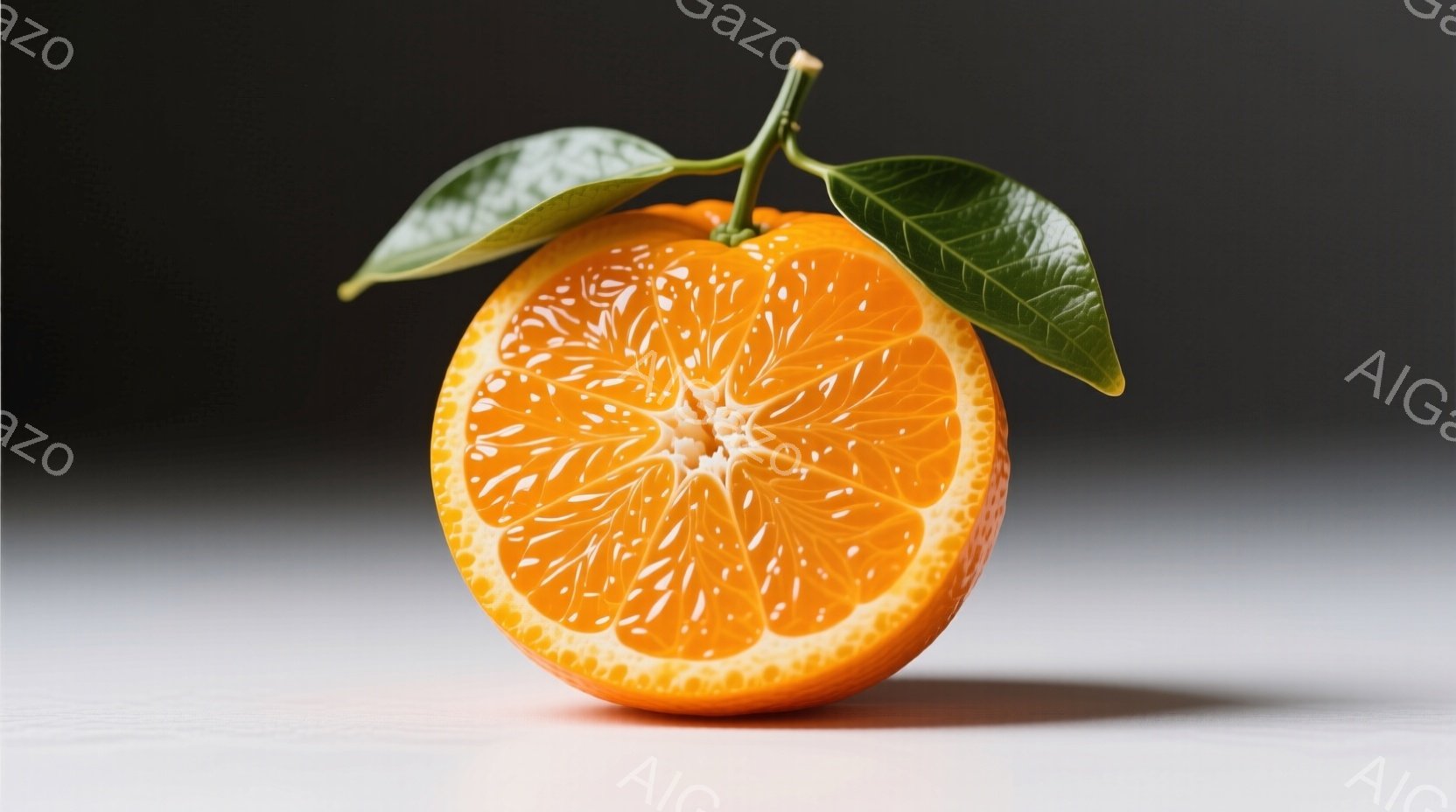 オレンジが半分にカットされたものが、白い表面に置かれています。果肉の鮮やかなオレンジ色が目を引き、種が中心に配置されています。鮮やかな緑の葉が果実に付いており、全体的にシンプルで自然な雰囲気を醸し出し - AI生成フリー素材