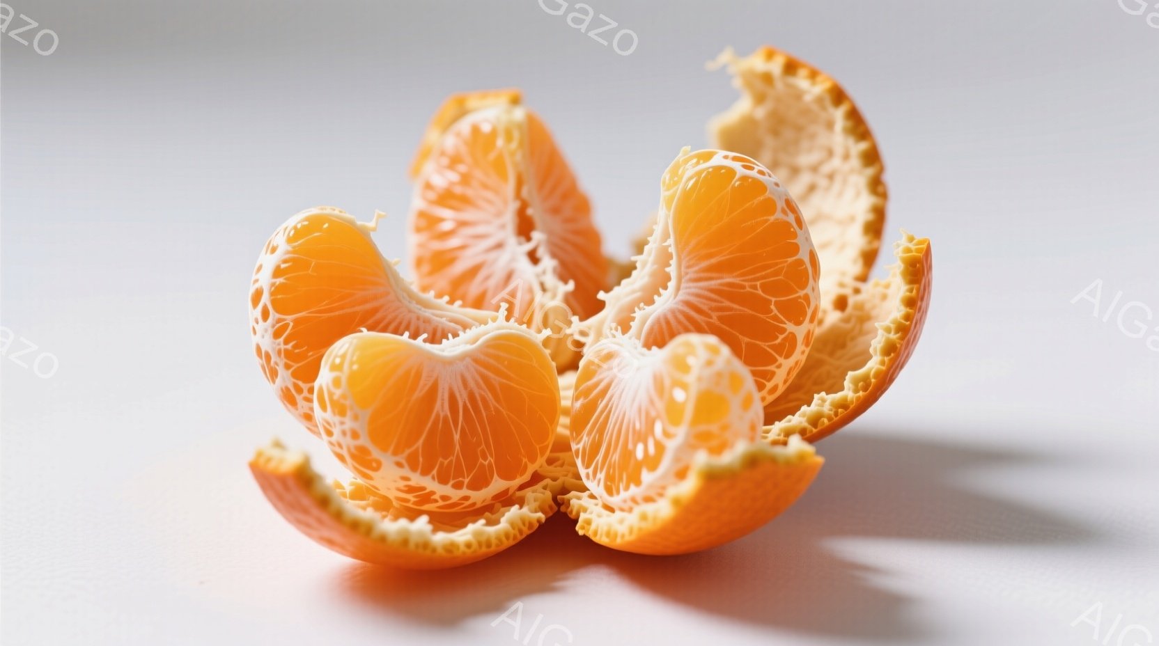 みかんが剥きかけで、オレンジ色の果肉が露出した状態で配置されています。背景は白く、影がわずかに見え、果実の鮮やかな色が際立っています。全体的に、シンプルで清潔感のある、みかんの美味しさを引き立てる雰囲気です。