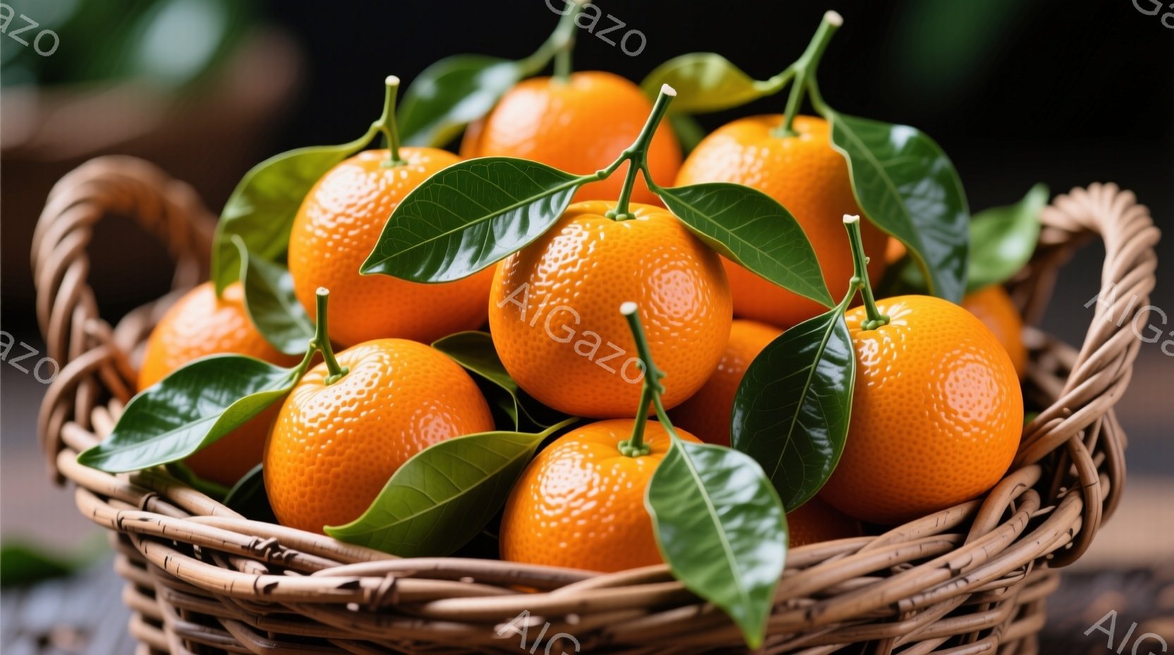籠いっぱいのオレンジが写っている。鮮やかなオレンジ色の果実と緑の葉が、自然な暖かさと新鮮さを感じさせる。背景はぼやけており、オレンジに焦点が当たっているため、シンプルでありながらも魅力的な構図となって - AI生成フリー素材
