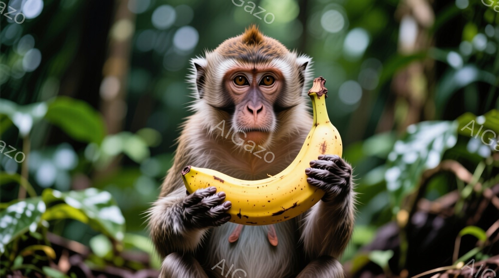 鮮やかな緑の背景に、茶色の毛並みを持つ猿が描かれています。猿は両手で黄色いバナナを抱え、少し上目遣いでこちらを見ており、表情は穏やかで好奇心に満ちています。背景は熱帯雨林のような密林で、葉や植物が密集しており、自然豊かな雰囲気が漂っています。