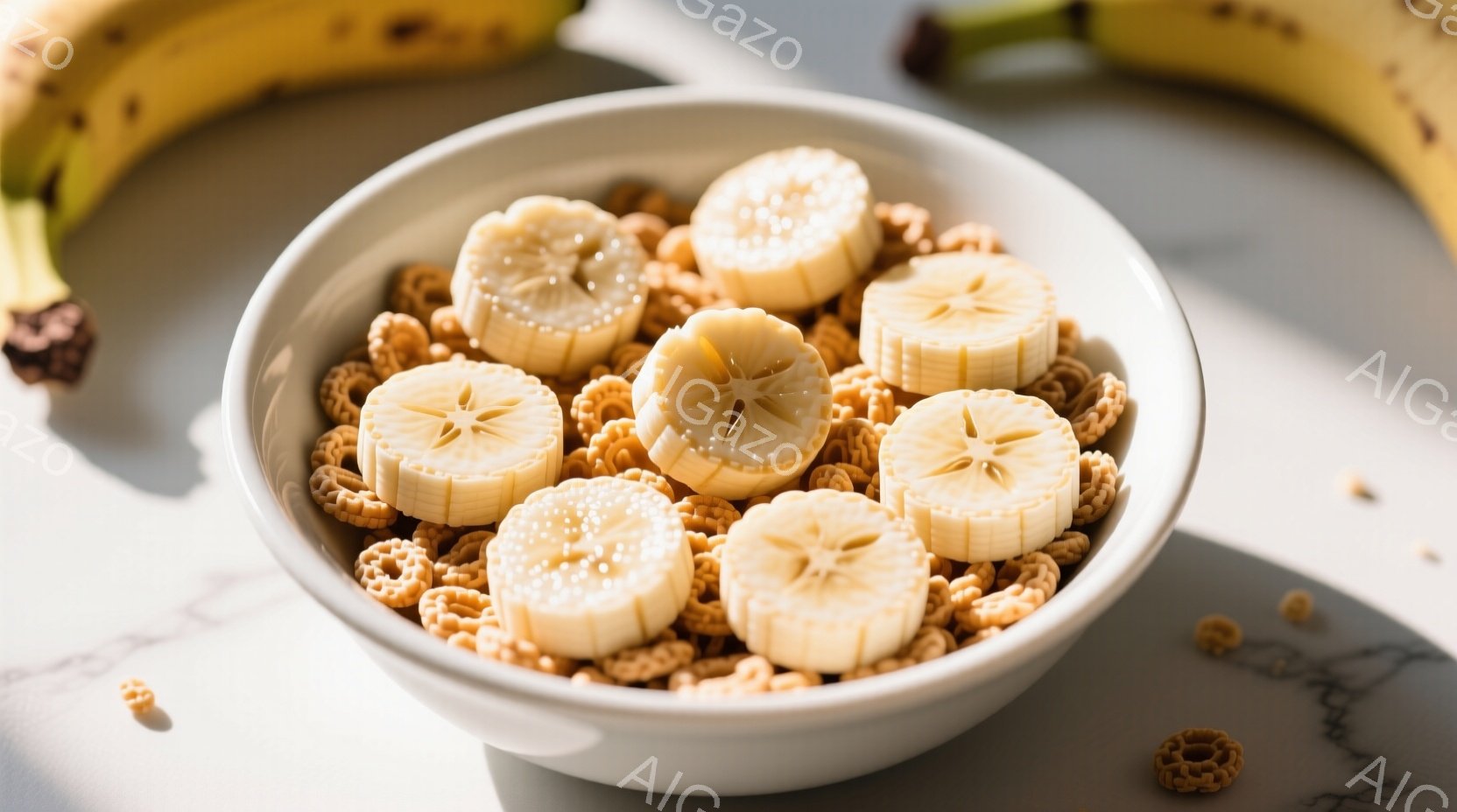 白いボウルに、丸いシリアルと薄切りにしたバナナが盛られています。シリアルは茶色でカリカリとした食感を想像させ、バナナは黄色く熟れていて甘そうです。背景は白っぽいグレーで、全体的に明るく清潔感のある印象 - AI生成フリー素材