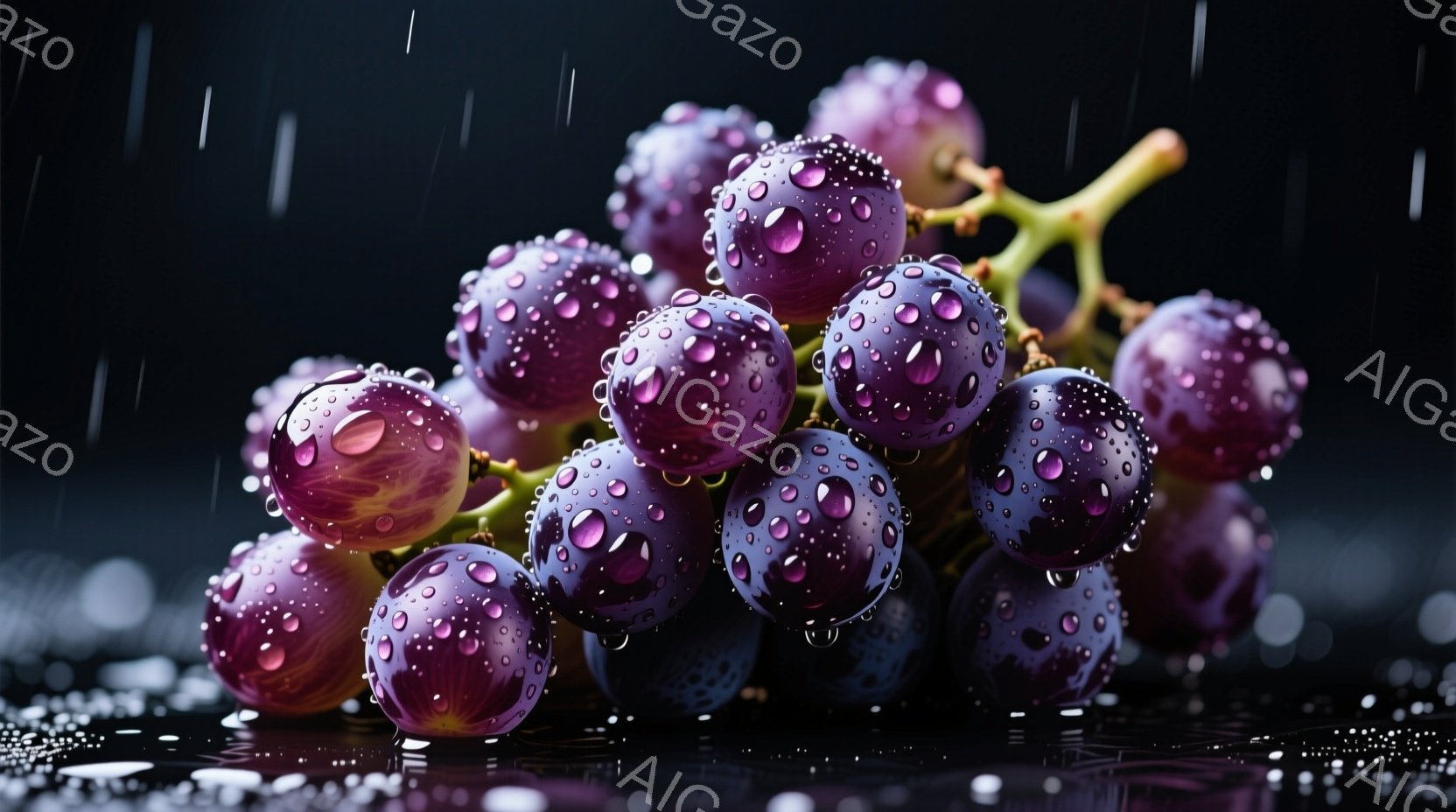 鮮やかな紫色のぶどうが、水滴をまとって写っています。背景は暗く、水面にはぶどうの反射が映り込み、雨が降っているかのような幻想的な雰囲気を醸し出しています。全体的に、みずみずしく、冷たい印象を与える写真です。