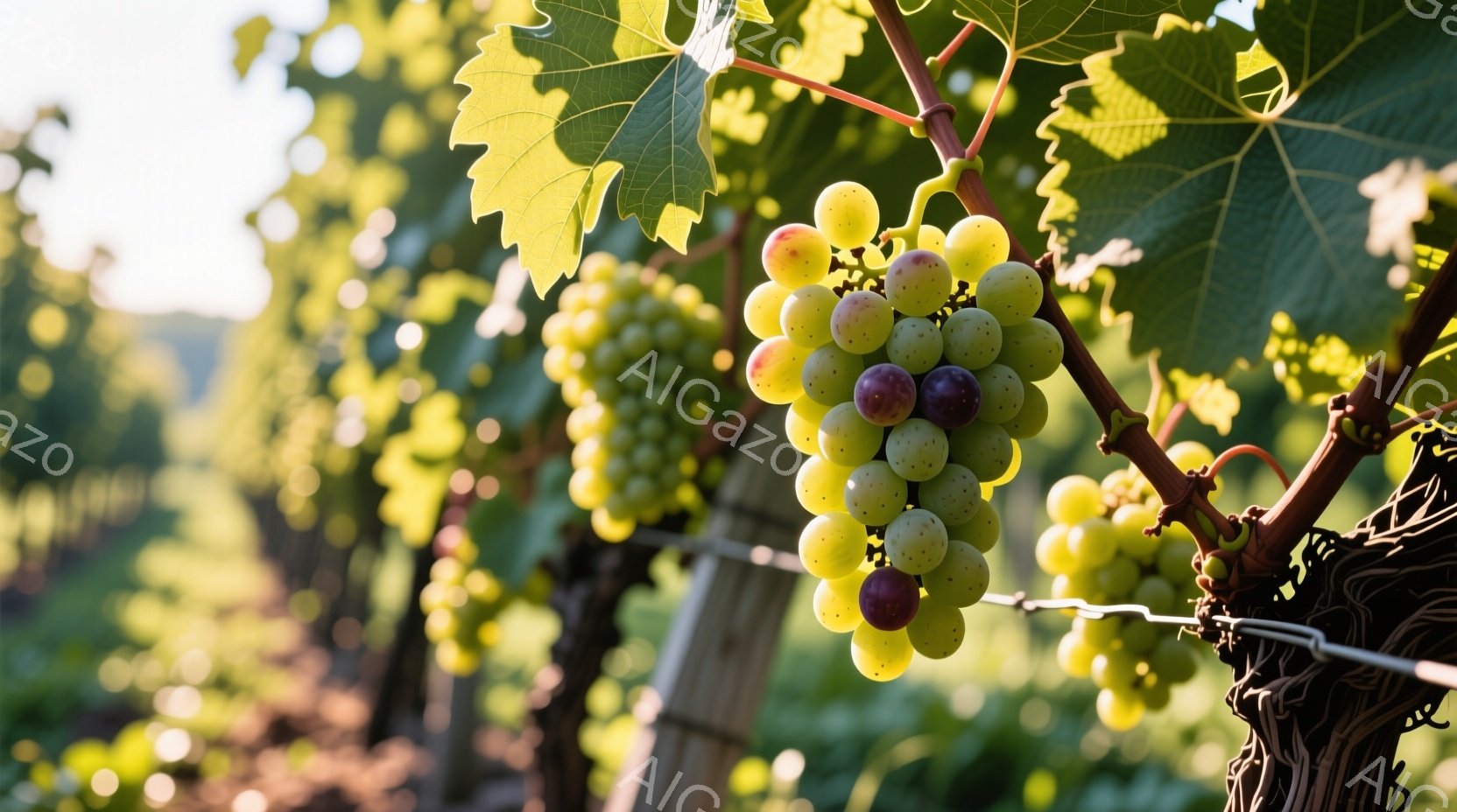 鮮やかな緑色のブドウの房が、太い幹に絡みついた蔓に実っている様子が捉えられています。光が葉の間から差し込み、ブドウを照らし、その瑞々しさを際立たせています。背景には他のブドウの木々と、ぼんやりとした緑 - AI生成フリー素材