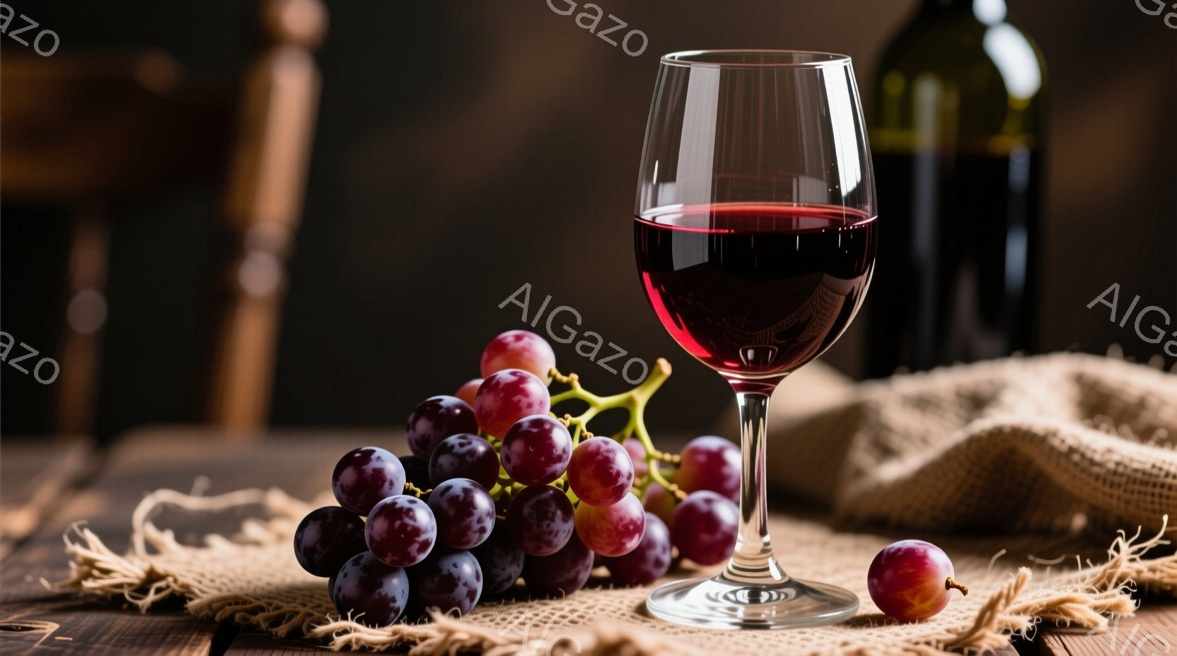 濃い赤色のワインがグラスに満たされ、その隣には紫色のぶどうの房が置かれています。粗い麻布の上にワイングラスとぶどうが配置され、背景にはワインボトルがぼんやりと見えます。全体的に暖色系の色調で、落ち着いた雰囲気であり、ワインとぶどうの豊かな味わいを連想させます。