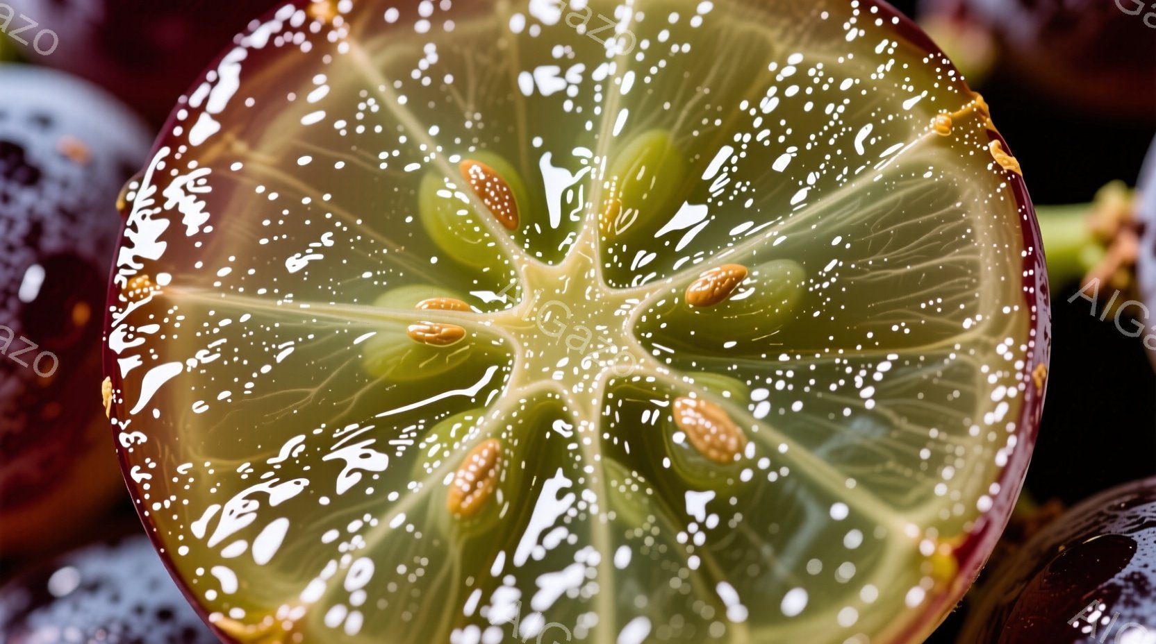 鮮やかな赤色の背景に、薄切りの柑橘類のスライスが大きく写っている。スライスの内部は透明感があり、種子が放射状に配置された様子が美しい。水滴が表面を覆い、瑞々しさを強調しており、全体的に爽やかで生き生きとした印象を与える。