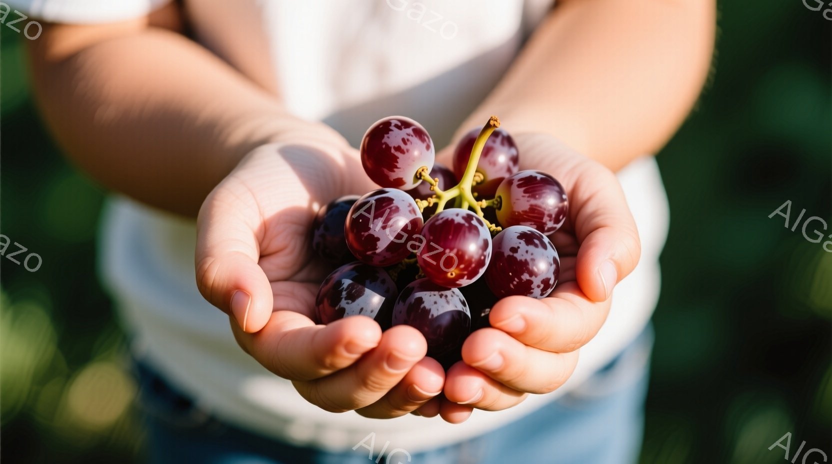 少女が両手を広げ、紫色のぶどうの一房を握っています。彼女は白いTシャツとジーンズを着ており、背景には緑豊かな植物が見えます。光が差し込み、温かく、穏やかな雰囲気が漂っています。