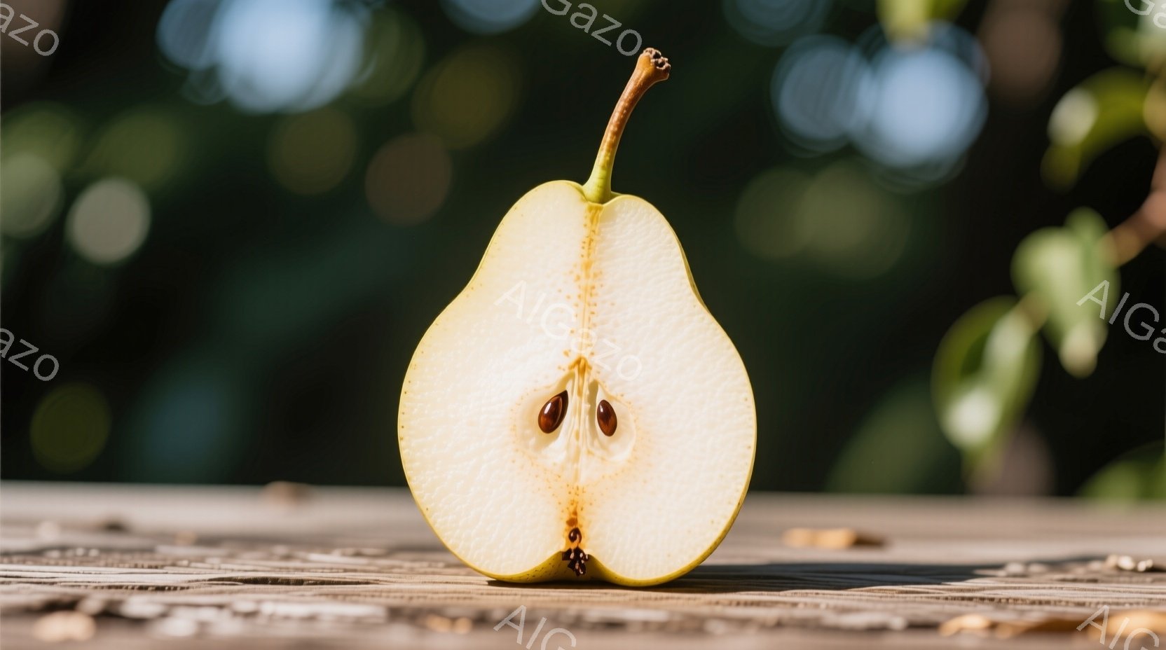 梨が半分に切られて、木製のテーブルの上に置かれています。種の部分は茶色く、果肉は淡い黄色で、背景は緑色のぼやけた自然の風景です。 全体的に、自然光に照らされた静かで穏やかな雰囲気です。