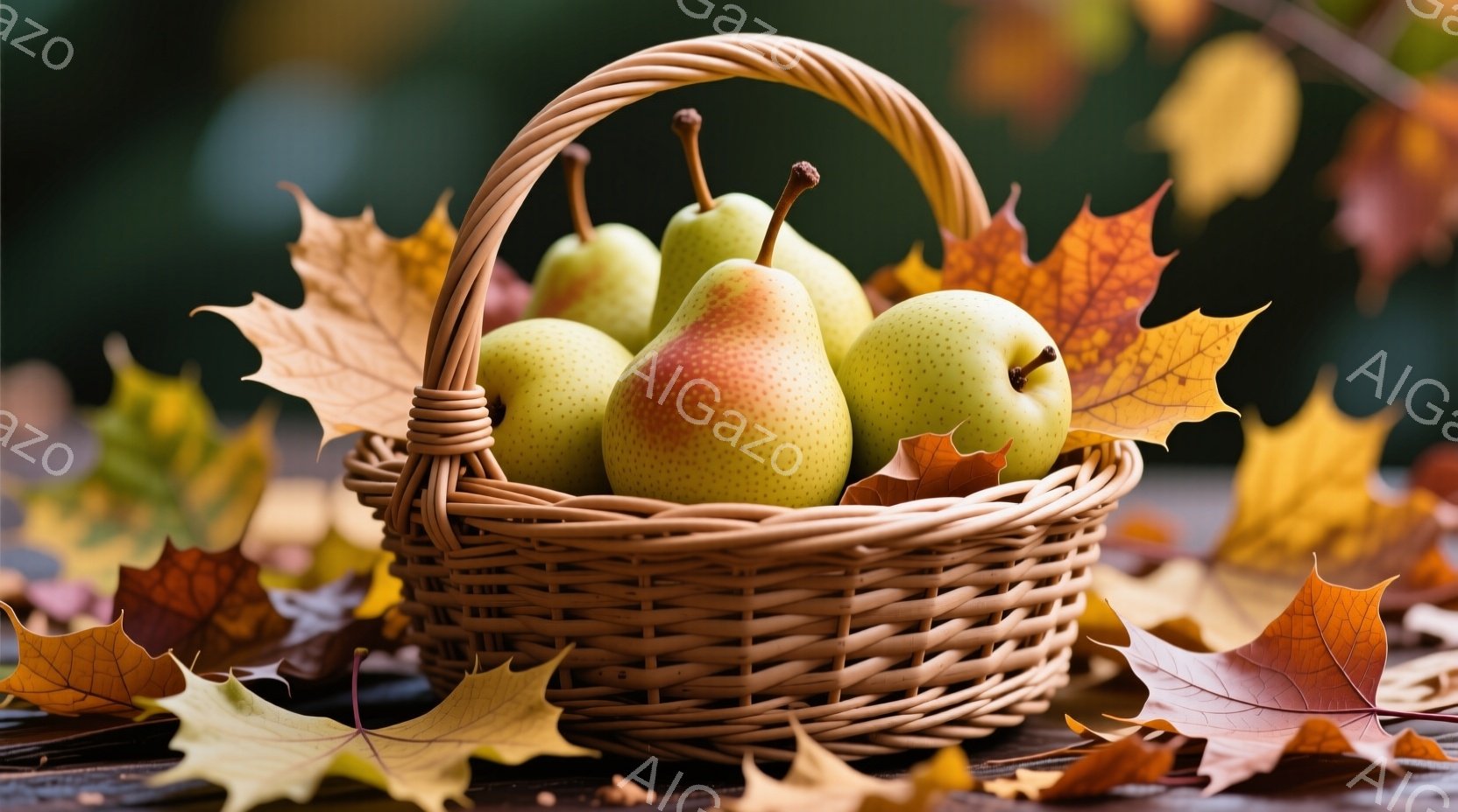 籠の中に黄色い梨がいくつか入っており、鮮やかな秋の紅葉の葉が周囲に散らばっています。木製のテーブルの上に置かれた籠は、暖かく素朴な雰囲気を醸し出し、秋の収穫を思わせます。葉の色合いと梨の明るい黄色が組 - AI生成フリー素材