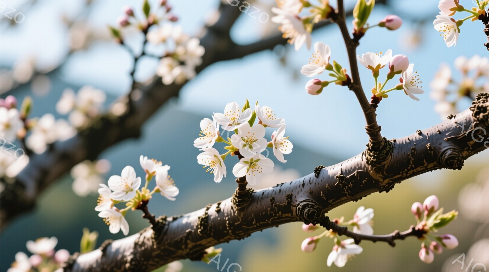画像は桜の枝に咲き誇る花びらを捉えています。枝は黒く、質感があり、まだつぼみが残っていることもわかります。背景はぼやけた緑と青空で、春の穏やかな雰囲気が伝わってきます。