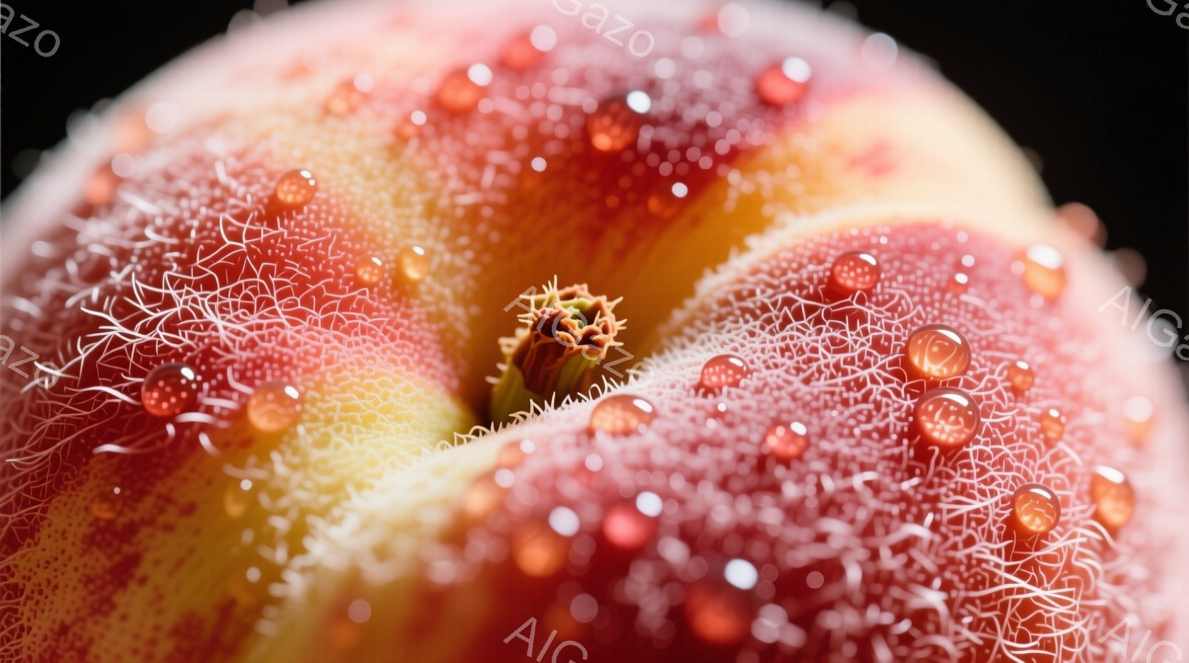 鮮やかなピンクと赤、そして黄色のグラデーションが美しい桃の断面が捉えられています。果肉の繊細な繊維がはっきりと見え、表面には小さな水滴が宝石のように輝いています。背景は暗く、桃そのものの鮮やかさを際立 - AI生成フリー素材