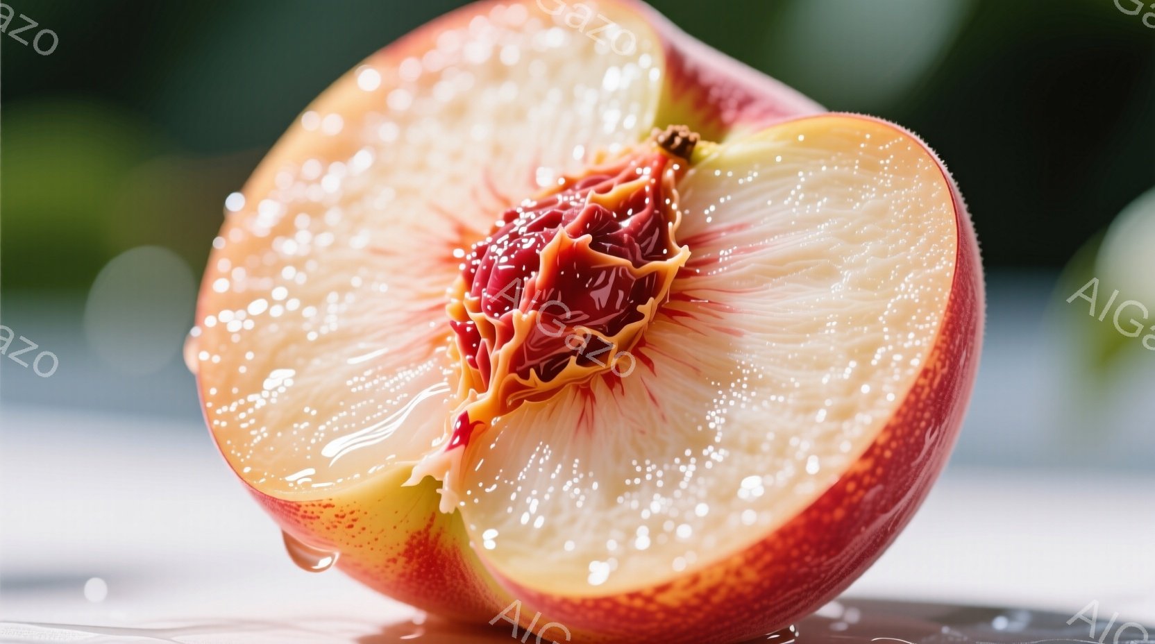 鮮やかな桃が半分にカットされており、種を取り囲む果肉が露で覆われています。果肉は黄色から赤へのグラデーションで、表面には小さな水滴が輝き、みずみずしさを強調しています。背景はぼやけており、光沢のある表面が桃の鮮やかさを際立たせています。