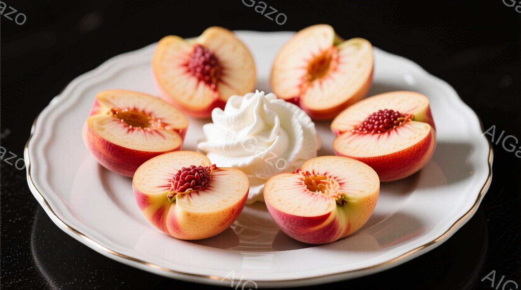 白い皿に、赤とオレンジ色の桃の半分が配置され、中心にはふわふわとした白いクリームが盛られています。桃の種の部分には、深紅色の小さな粒が埋め込まれており、見た目にも美しいデザートとなっています。背景は暗 - AI生成フリー素材