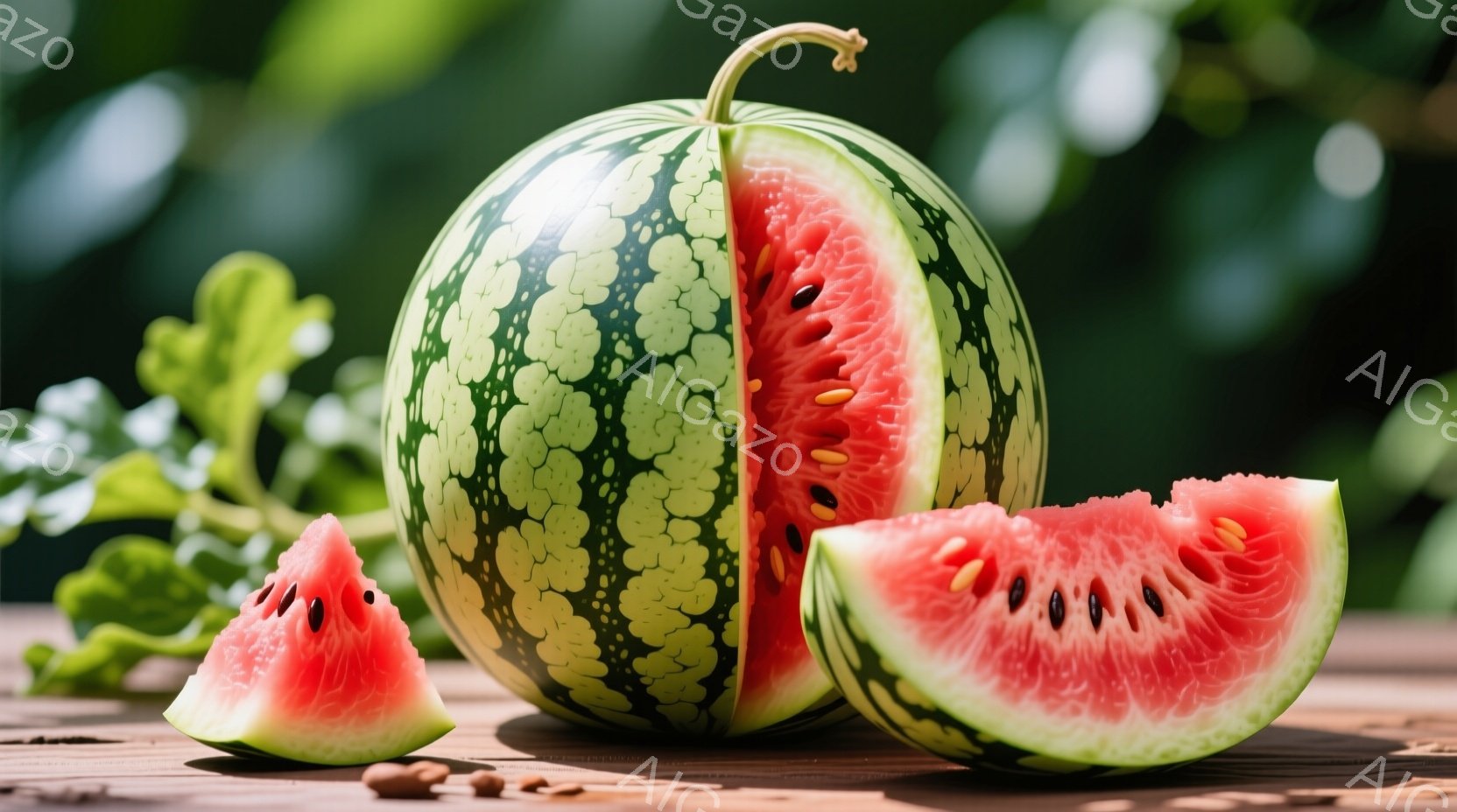丸いスイカが半分にカットされ、さらに2切れが切り取られてテーブルの上に置かれています。スイカの表面は緑色の縞模様で覆われ、内部は鮮やかな赤色で黒い種が散りばめられています。背景には緑の葉と木製のテーブ - AI生成フリー素材