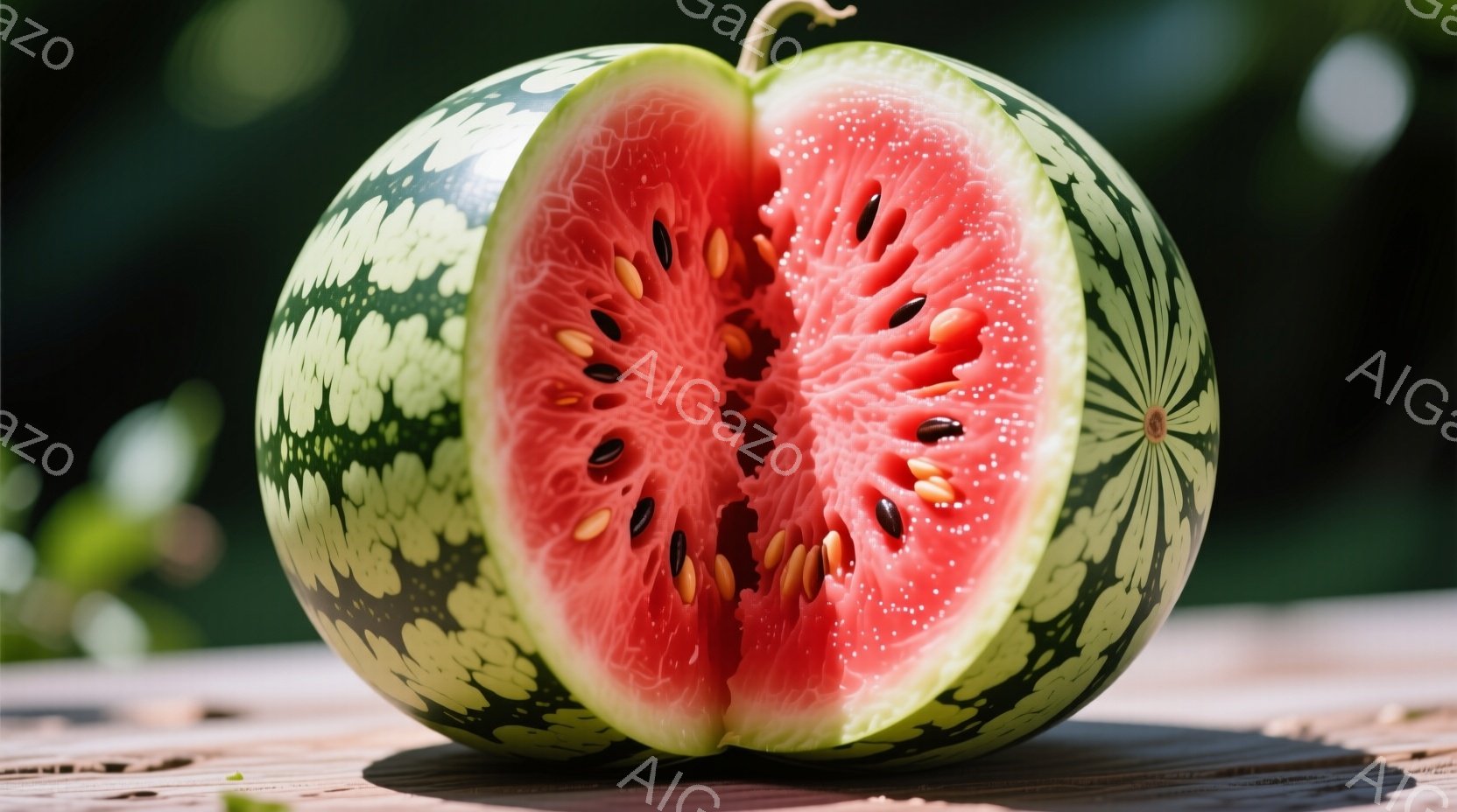 鮮やかな緑色の縞模様が特徴的なスイカが半分にカットされており、赤い果肉と黒い種がよく見えます。スイカは木製のテーブルの上に置かれており、背景には緑のぼやけた葉が見えます。全体的に、夏らしい爽やかでジュ - AI生成フリー素材