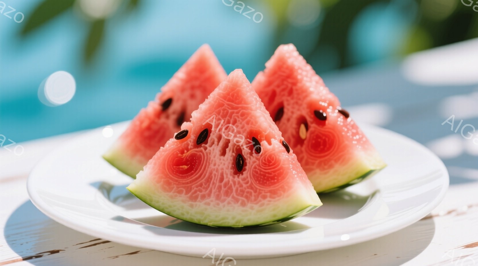 白い皿の上に、みずみずしいスイカの切れが三つ並んでいる。スイカの赤い果肉と黒い種が鮮やかで、背景にはぼやけた青い水面が見える。全体的に夏の爽やかで涼しげな雰囲気が漂う。