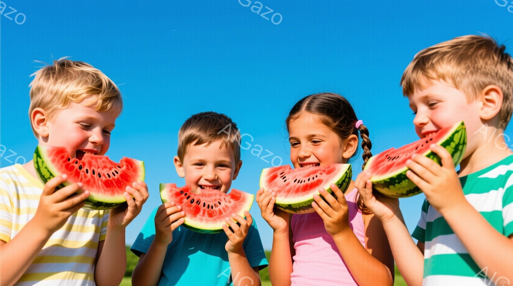 四人の子供たちが、それぞれ大きなスイカの切れを手に持ち、笑顔で食べている様子が写っている。彼らは明るい色のTシャツを着ており、髪型は短髪や三つ編みなど様々だ。背景は緑の草地で、晴れた青空が広がっており - AI生成フリー素材