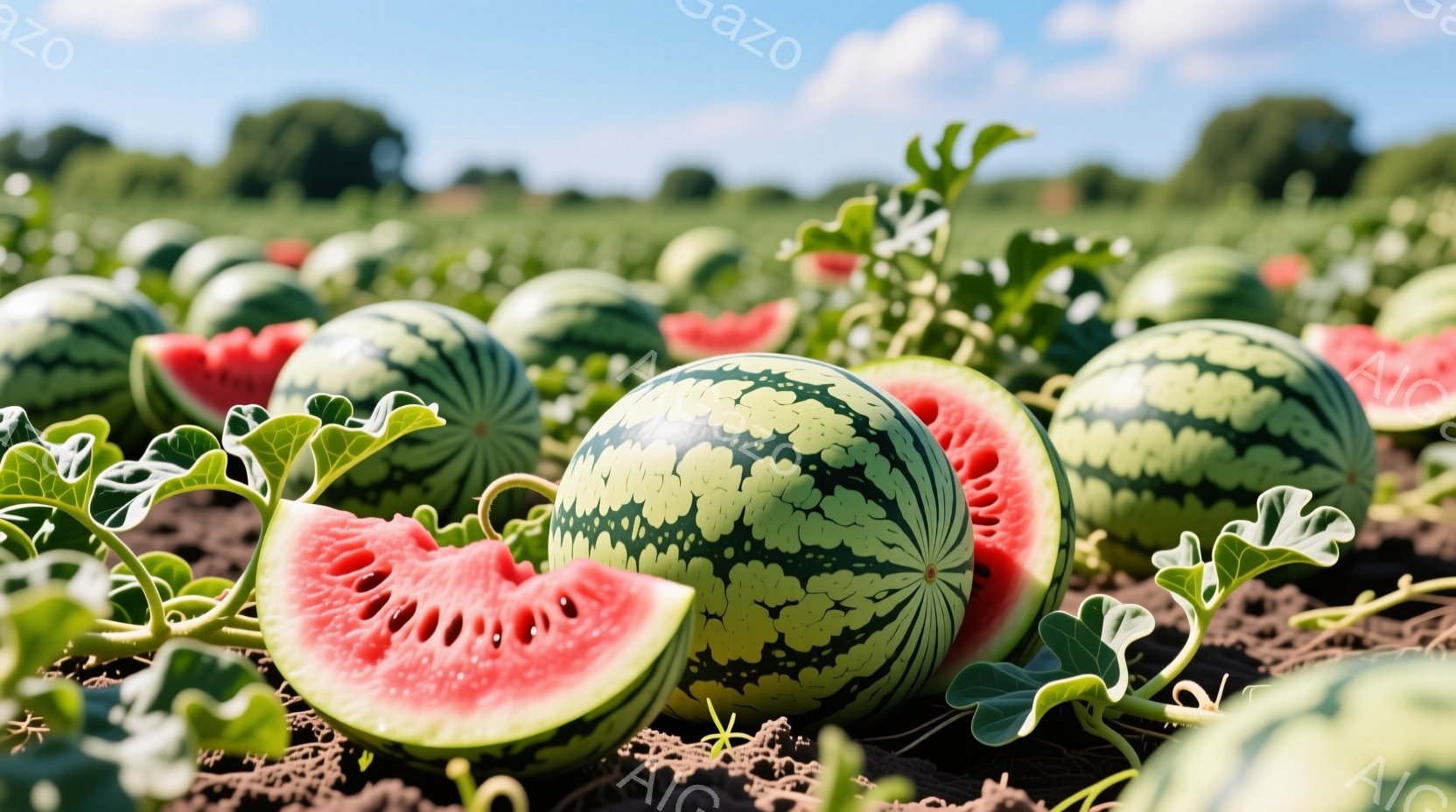 広大なスイカ畑が写っており、地面には緑色のつるが広がり、たくさんのスイカが密集して並んでいます。一部のスイカは半分に切られており、鮮やかな赤い果肉が露出しています。背景には遠くの木々が見え、晴れた空の - AI生成フリー素材