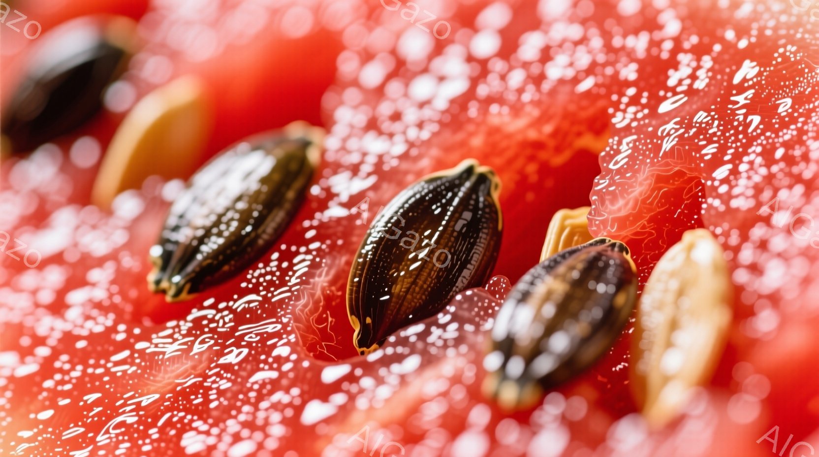 鮮やかな赤いスイカの果肉の中に、黒と白の縞模様の種子がいくつか散りばめられています。種子は様々な角度で捉えられており、その質感と模様が際立っています。背景は、スイカの果汁と思われる水滴で覆われ、みずみ - AI生成フリー素材