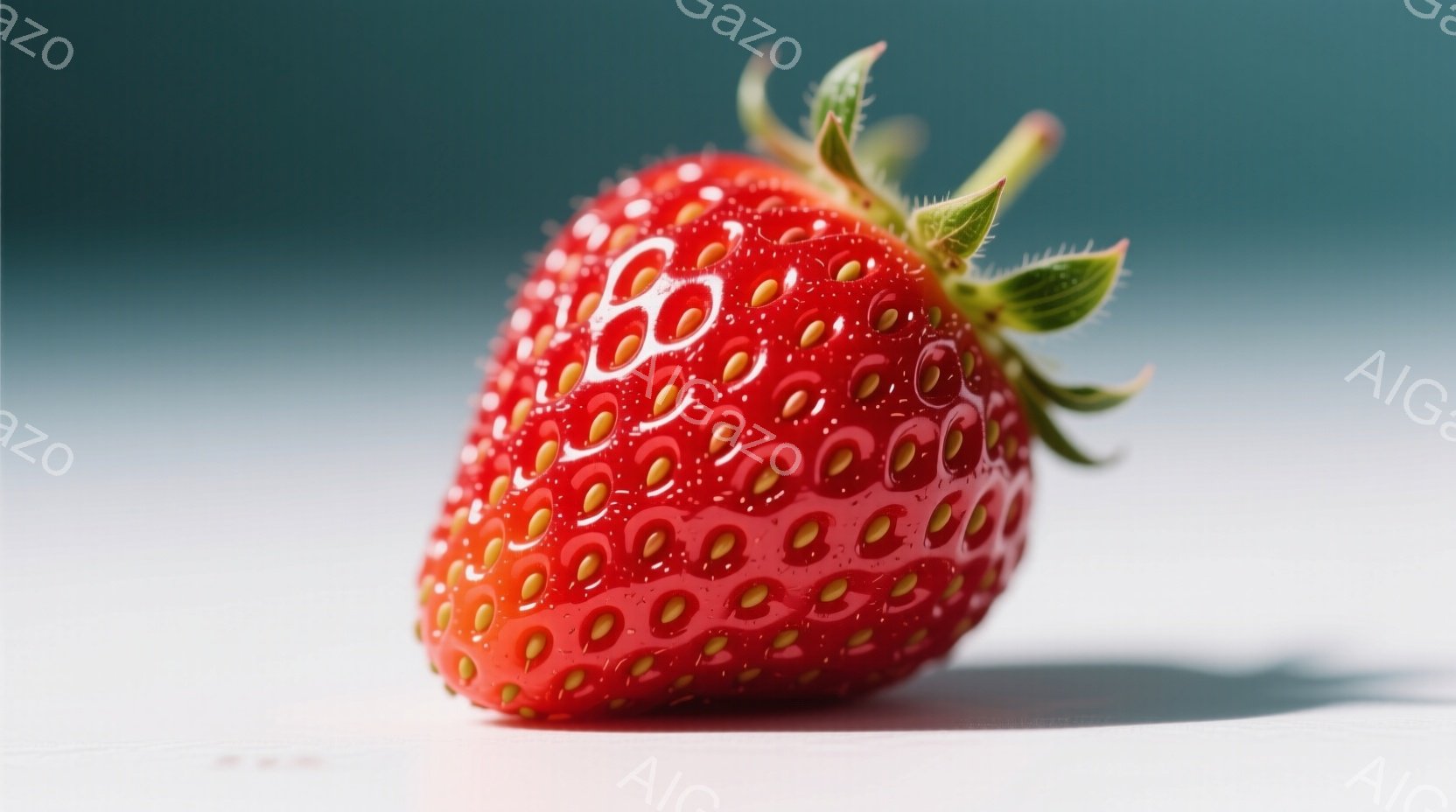 鮮やかな赤色のいちごが、白い台の上に置かれています。表面には小さな種が密集しており、葉っぱは緑色で新鮮な印象を与えます。背景はぼやけた青と白のグラデーションで、いちごが際立っています。