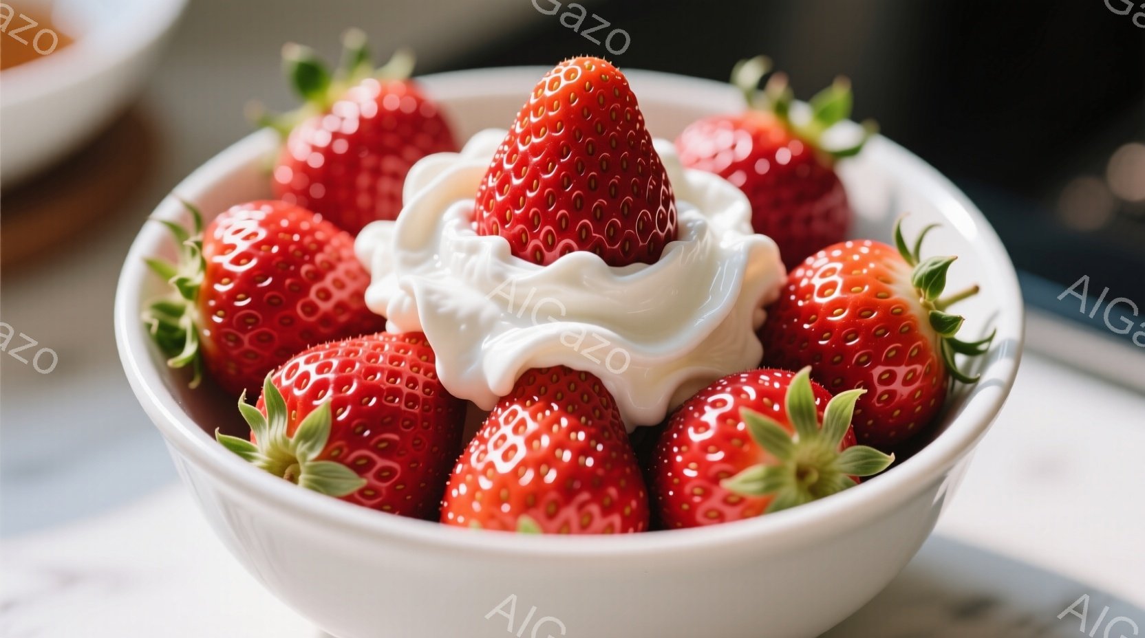 白いボウルに新鮮なイチゴがたっぷり入っており、その中央にはホイップクリームが飾られています。イチゴは鮮やかな赤色で、緑色のヘタがついており、みずみずしい様子が伝わってきます。背景はぼやけていますが、他 - AI生成フリー素材