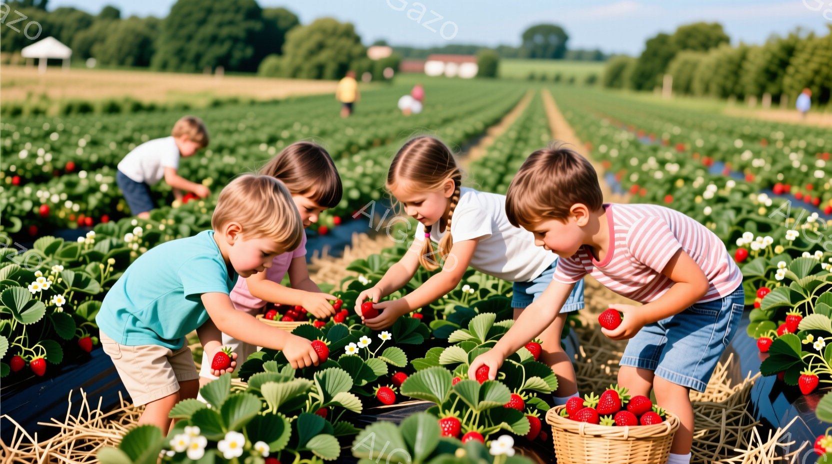 畑でいちご狩りをする子供たちが写っています。彼らは皆、デニムのショートパンツとストライプまたは明るい色のTシャツを着ており、集中した表情でいちごを摘んでいます。背景には緑豊かな畑が広がり、遠くには建物 - AI生成フリー素材