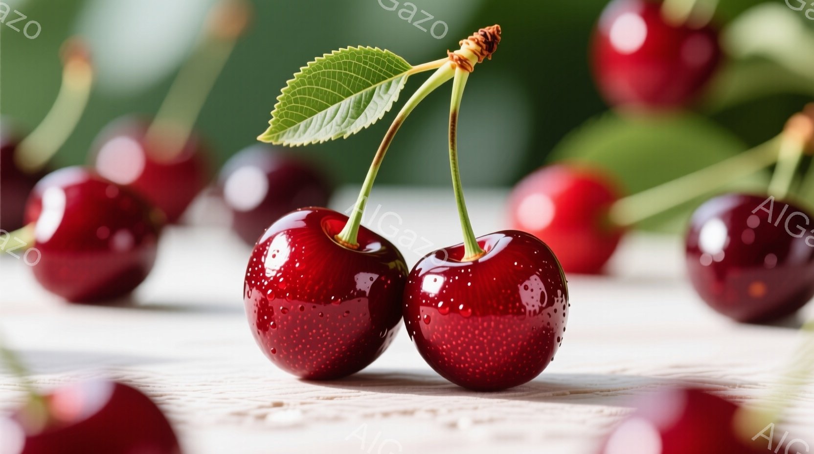 深紅色のチェリーが二つ、短い茎で結ばれて、木製のテーブルの上に置かれています。チェリーはみずみずしく、表面には水滴が輝き、背景には他のチェリーがぼやけて写り込んでいます。全体的に、豊かで自然な雰囲気を感じさせる、鮮やかな果物のクローズアップ写真です。