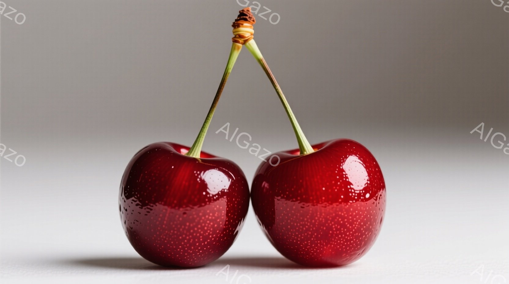 鮮やかな赤いさくらんぼが二つ、茎を合わせて並んでおり、表面には水滴が輝いている。背景はぼやけた薄いグレーで、さくらんぼの鮮やかさを際立たせている。全体的に、シンプルで清潔感のある、食欲をそそる雰囲気である。