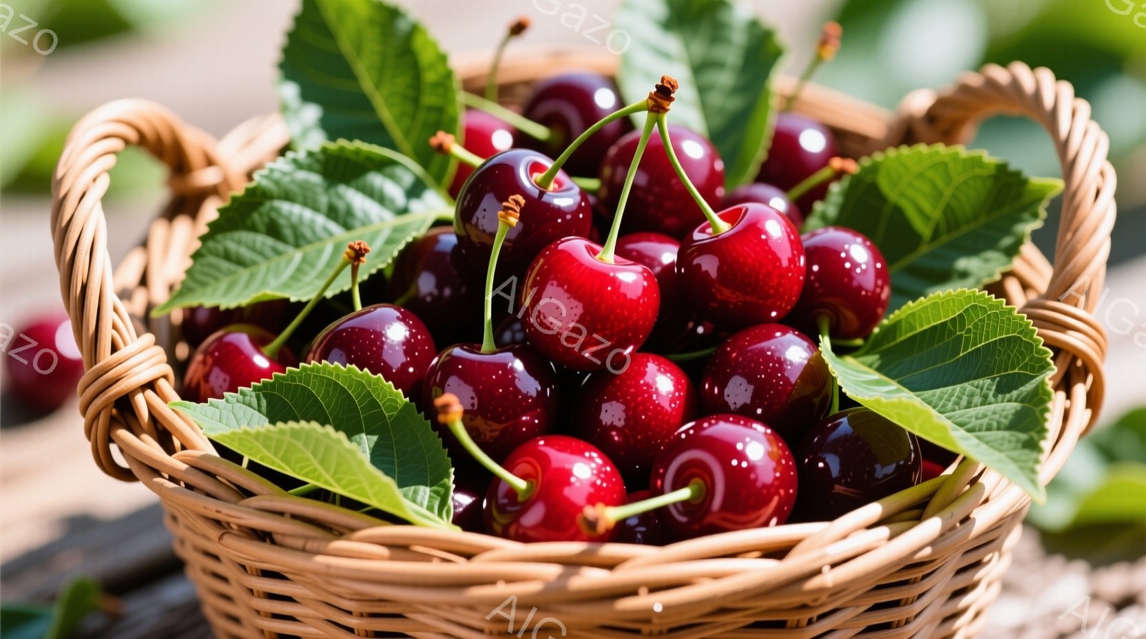 籠の中に、鮮やかな赤色のサクランボがたっぷり詰まっています。緑色の葉が添えられており、サクランボの鮮やかさを引き立てています。木製のテーブルが背景に見え、全体的に自然で温かい雰囲気が漂っています。 - AI生成フリー素材
