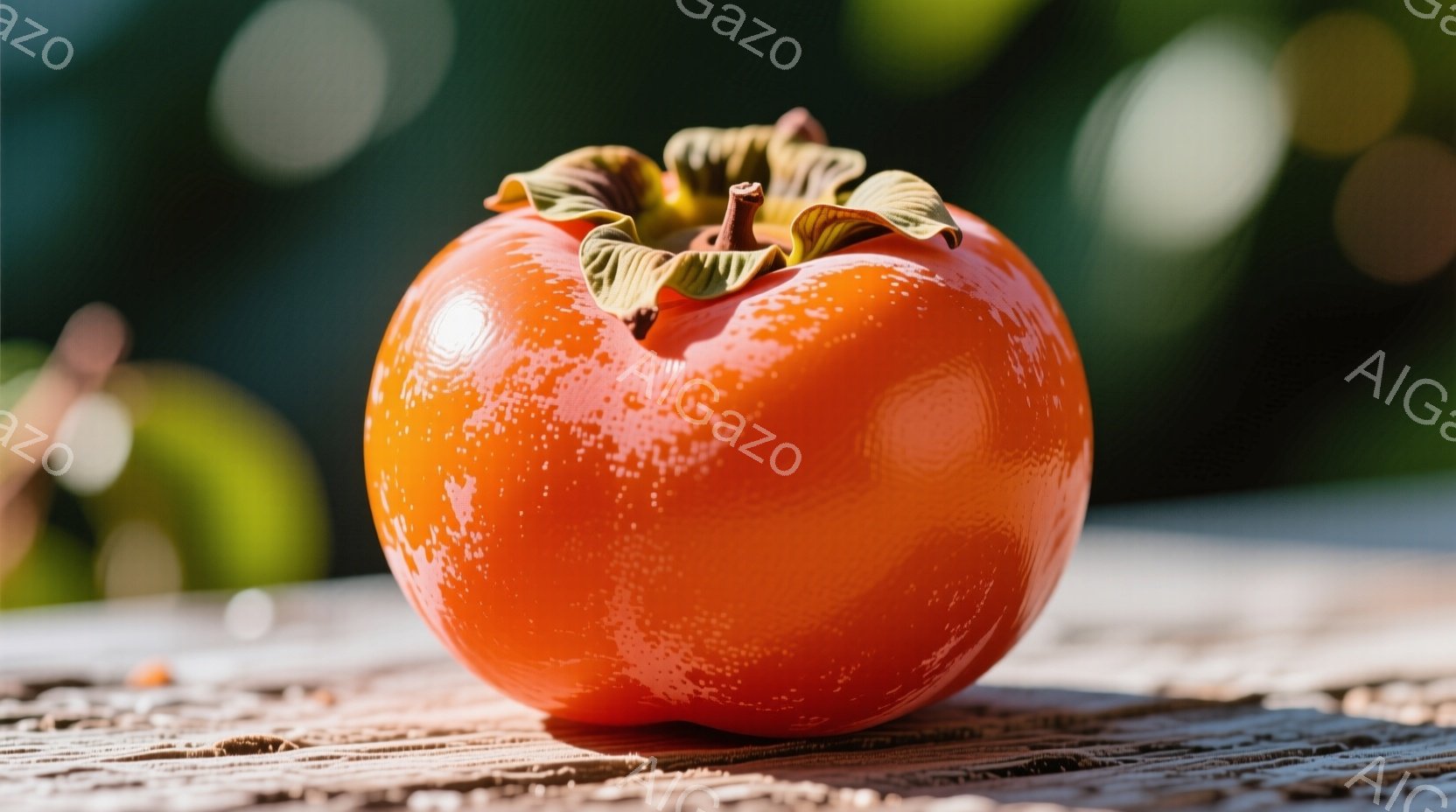 鮮やかなオレンジ色の柿が、粗い木製のテーブルの上に置かれています。柿の表面には水滴がつき、瑞々しさを強調しています。背景はぼやけた緑色で、自然光が差し込み、全体的に暖かく穏やかな雰囲気を醸し出していま - AI生成フリー素材