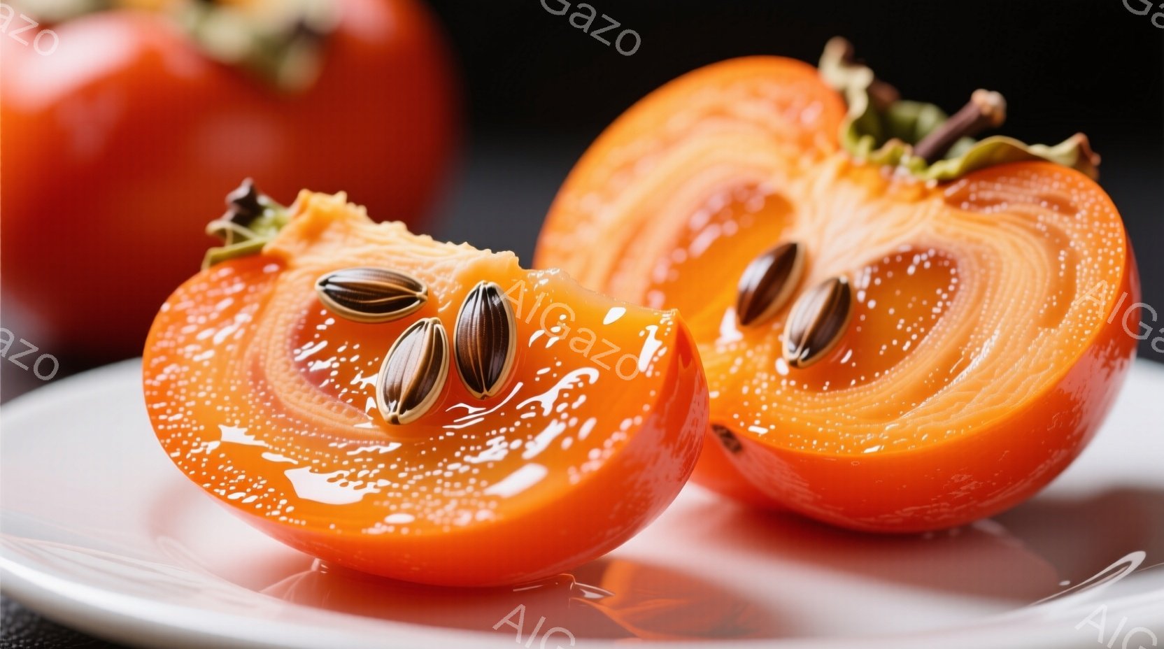 鮮やかなオレンジ色の柿が半分に切られて白い皿の上に置かれています。柿の断面からは、小さな黒い種が見え、果肉の美しいオレンジ色が際立っています。背景は暗く、柿の色がより一層引き立ち、食欲をそそる雰囲気で - AI生成フリー素材