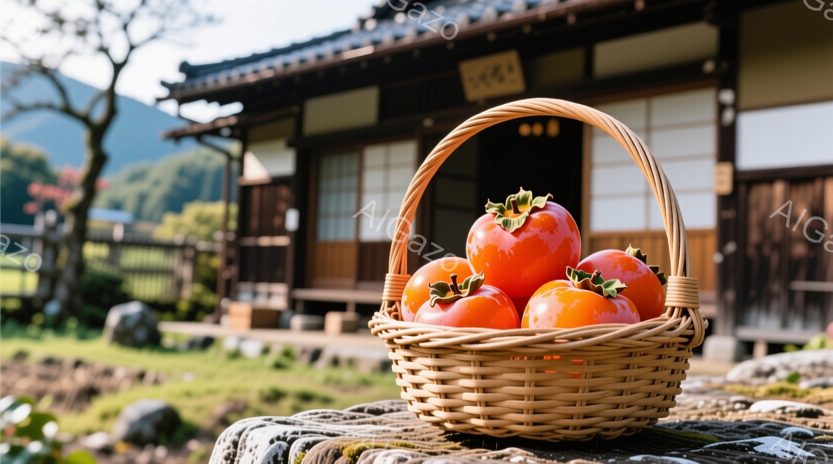 籠の中に柿がいくつか入っており、古民家を背景に置かれています。背景には緑豊かな庭園と、木造の伝統的な日本家屋が見え、穏やかな日差しが差し込んでいます。全体的に、秋の収穫と日本の田園風景を思わせる、温か - AI生成フリー素材