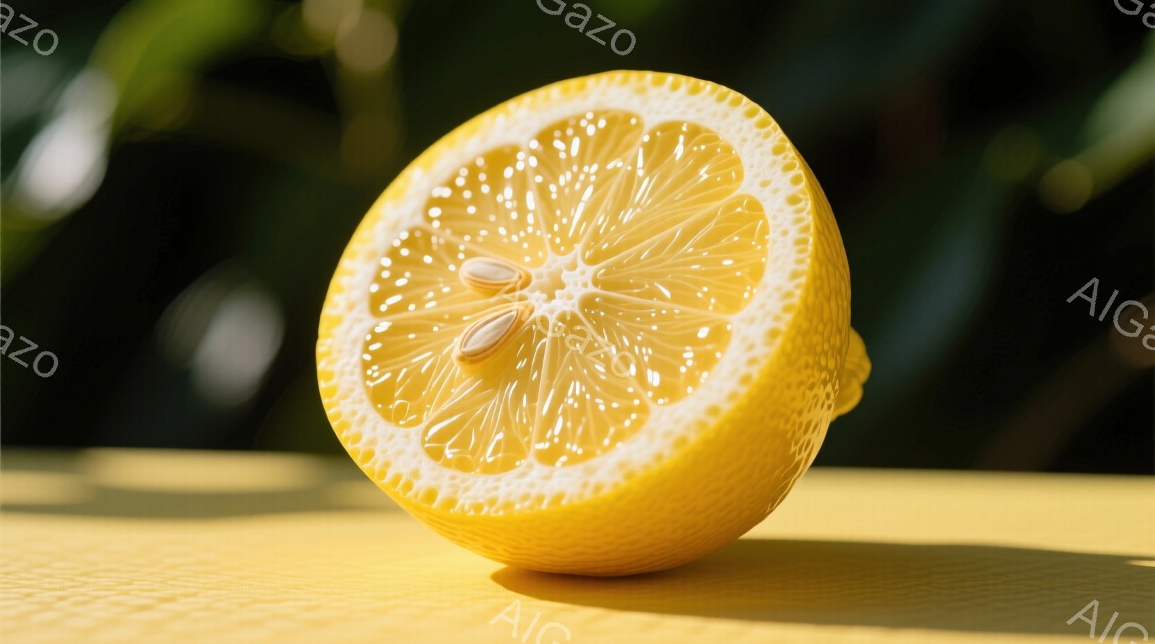鮮やかなレモンの半分が、明るい黄色い表面の上に置かれています。レモンの内部の果肉が詳細に描かれており、種が中央にあります。背景は緑豊かな自然で、光が差し込み、全体的に爽やかで生命力に満ちた雰囲気が漂っ - AI生成フリー素材