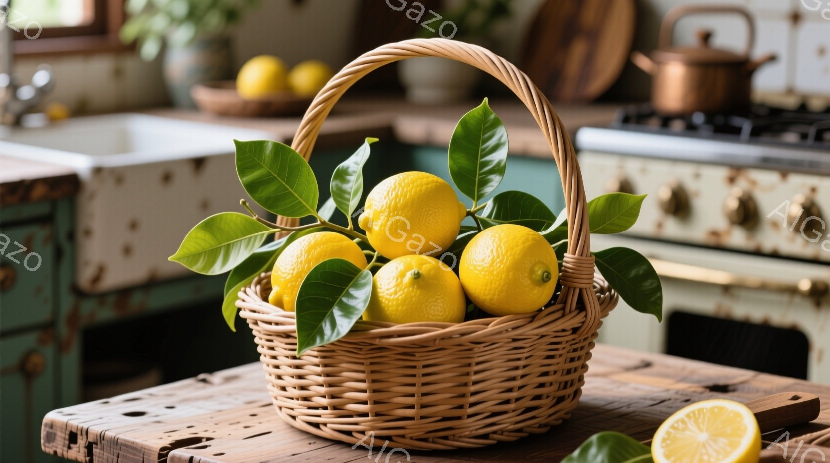 籐編みのバスケットに、葉を添えた新鮮なレモンがいくつか入っています。背景には、レトロな緑色のキッチンと調理器具が見え、温かく落ち着いた雰囲気が漂っています。木製のテーブルの上に置かれたバスケットは、自 - AI生成フリー素材