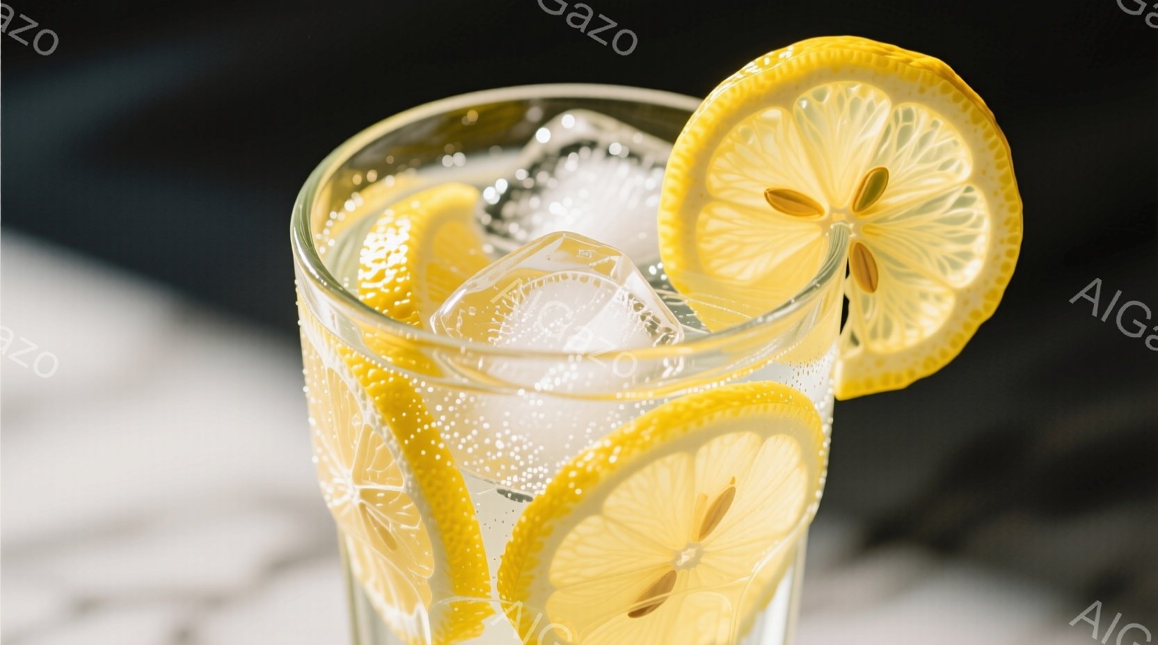 グラスの中に氷とレモンスライスがたっぷり入っており、爽やかな飲み物が表現されている。レモンの鮮やかな黄色が目を引き、炭酸の気泡が涼しげな印象を与える。背景は白と黒のグラデーションで、レモンスライスの色を引き立て、清潔感と清涼感を強調している。