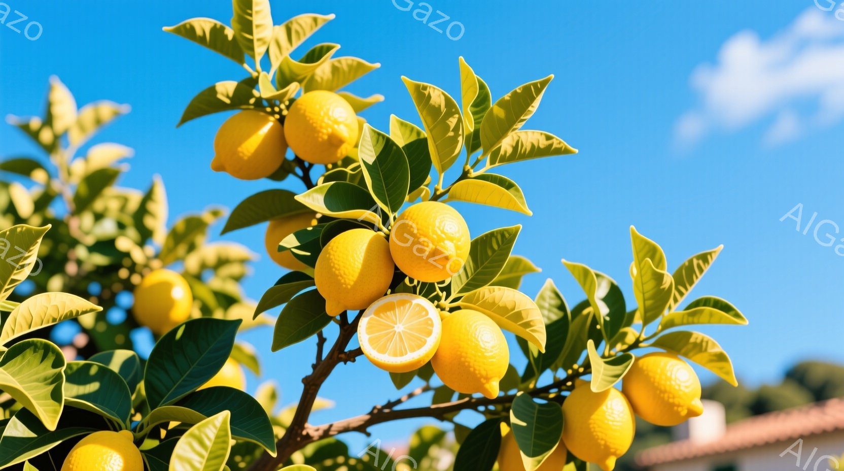 鮮やかなレモンが枝いっぱいに実った様子が捉えられています。レモンは緑の葉に囲まれ、太陽の光を浴びて輝いており、そのうちの一つは半分にカットされて中身が見えています。背景には赤い屋根の建物と青い空が広が - AI生成フリー素材