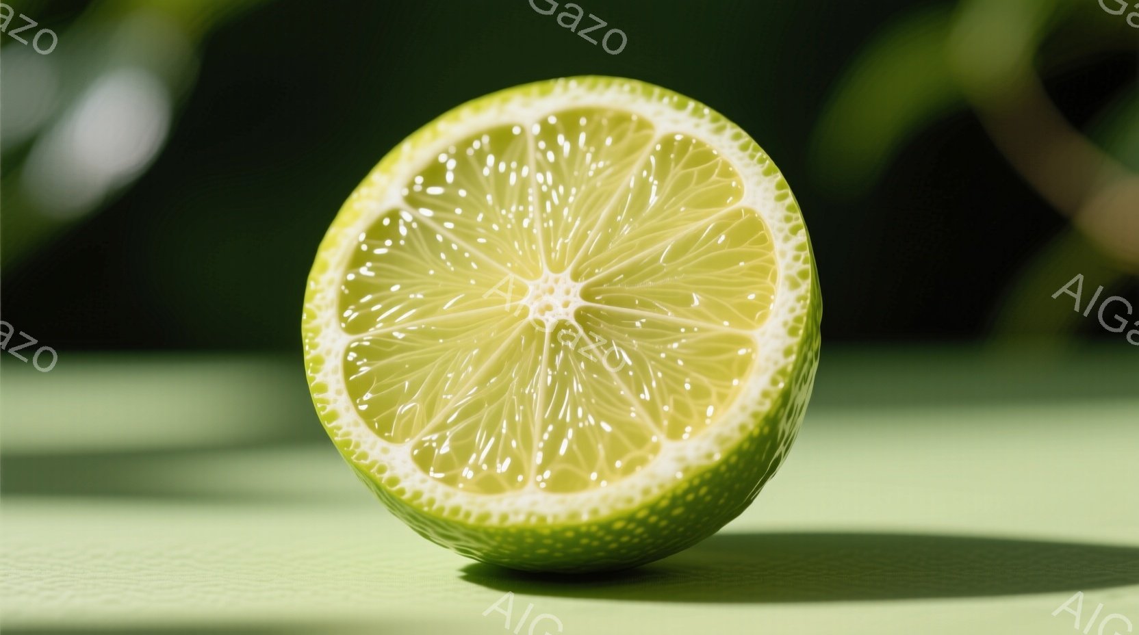 光沢のある緑色の表面を持つライムが半分にカットされ、種が散りばめられた果肉が鮮やかに映えています。ライムは、わずかにテクスチャのある、同様の緑色の背景の上に置かれ、影が薄く落ちています。全体的に、フレ - AI生成フリー素材