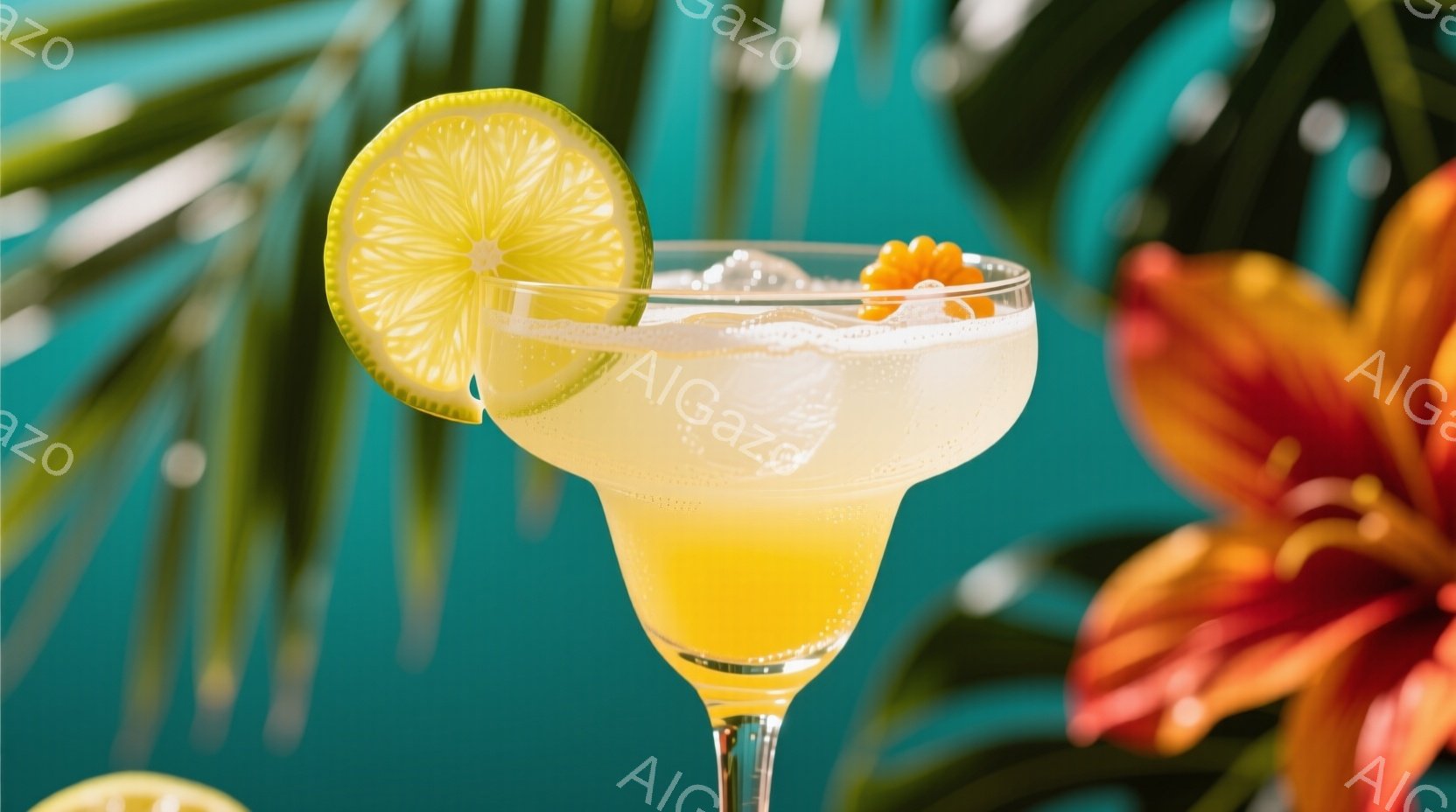 鮮やかなターコイズブルーの背景に、縁に塩が付いた黄色いカクテルグラスが置かれています。グラスの縁にはライムのスライス、グラスの中には小さなオレンジ色の飾り、そして泡立つ液体が入っています。背景には緑の葉とオレンジ色の花がぼやけており、夏らしいリラックスした雰囲気を醸し出しています。