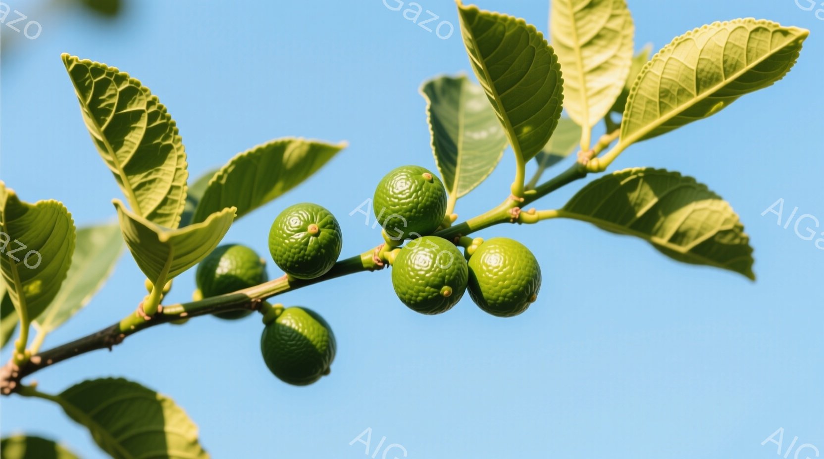 鮮やかな緑色の葉と、まだ緑色の小さな柚子（ゆず）の実が枝に実っている様子が写っている。背景は晴れた空の青空で、柚子の葉と実が際立っている。全体的に、爽やかで自然な雰囲気が感じられる。 - AI生成フリー素材