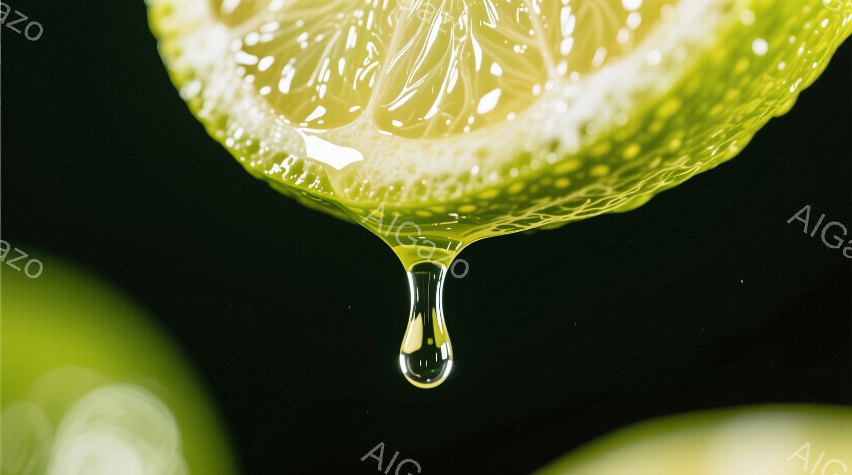 鮮やかなライムの果汁が滴る様子を捉えたクローズアップ写真です。ライムの断面からは細かい繊維が確認でき、滴る果汁は光を反射して丸みを帯びています。背景は暗く、ライムの鮮やかな緑色が際立っています。