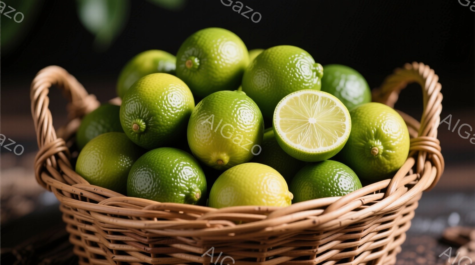 籠の中にライムがぎっしりと詰まっており、そのうちの一つは半分にカットされています。背景は暗く、ライムの鮮やかな緑色が際立っています。全体として、爽やかで健康的な印象を与える、シンプルで魅力的な構図です - AI生成フリー素材
