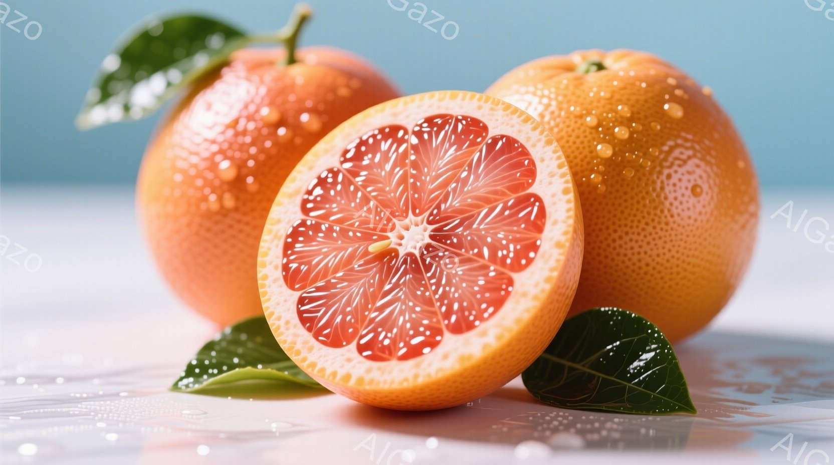鮮やかなオレンジ色の柑橘類が三つ、葉と共に白い背景に置かれています。一つは半分にカットされており、瑞々しい果肉が露に濡れて輝いています。全体的に清潔感があり、みずみずしい果物の魅力が引き出された、爽や - AI生成フリー素材
