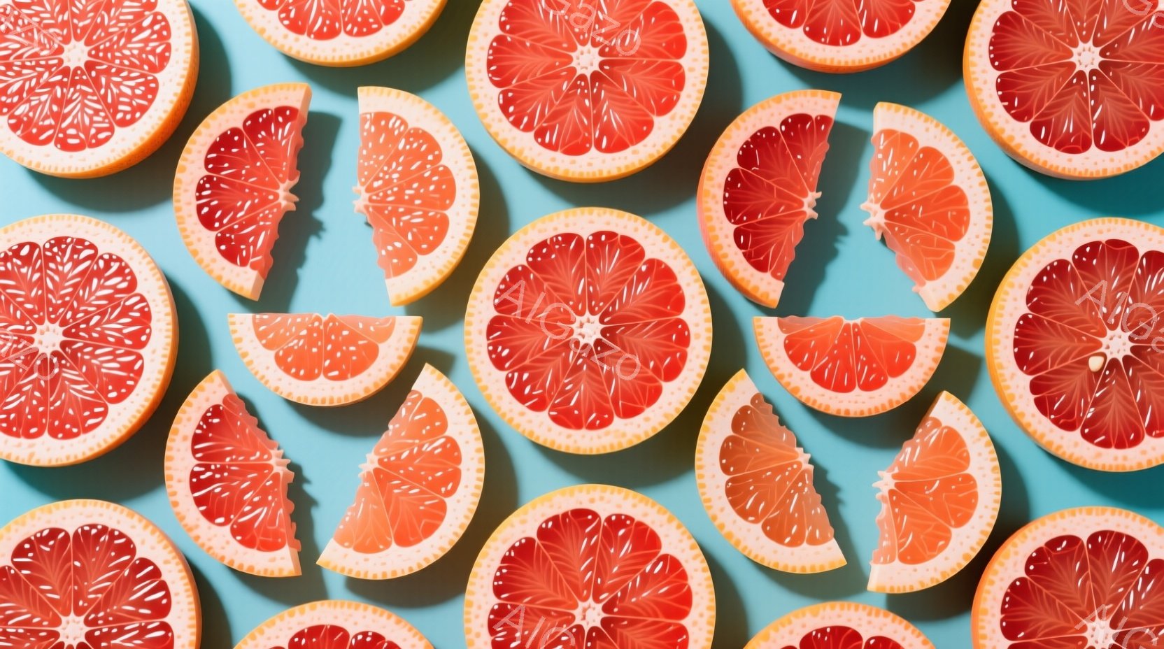 鮮やかなピンク色のグレープフルーツのスライスが、水色の背景に隙間なく並べられています。スライスは、半分、四分の一、それ以上の様々な形をしており、果肉の鮮やかな色合いと、果汁が光を受けて輝く様子が印象的です。全体的に、健康的で爽やかな印象を与える、シンプルなフラットレイアウトの画像です。