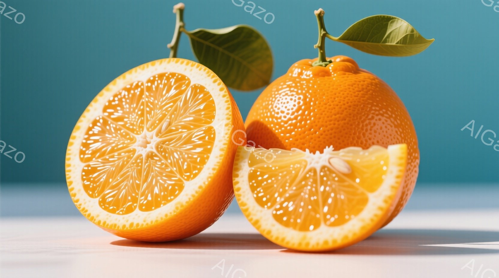 鮮やかなオレンジが半分にカットされ、果肉が見えています。もう一つのオレンジはカットされておらず、葉が付いたまま、近くに置かれています。背景は淡い水色で、テーブルは木目調の白です。 - AI生成フリー素材