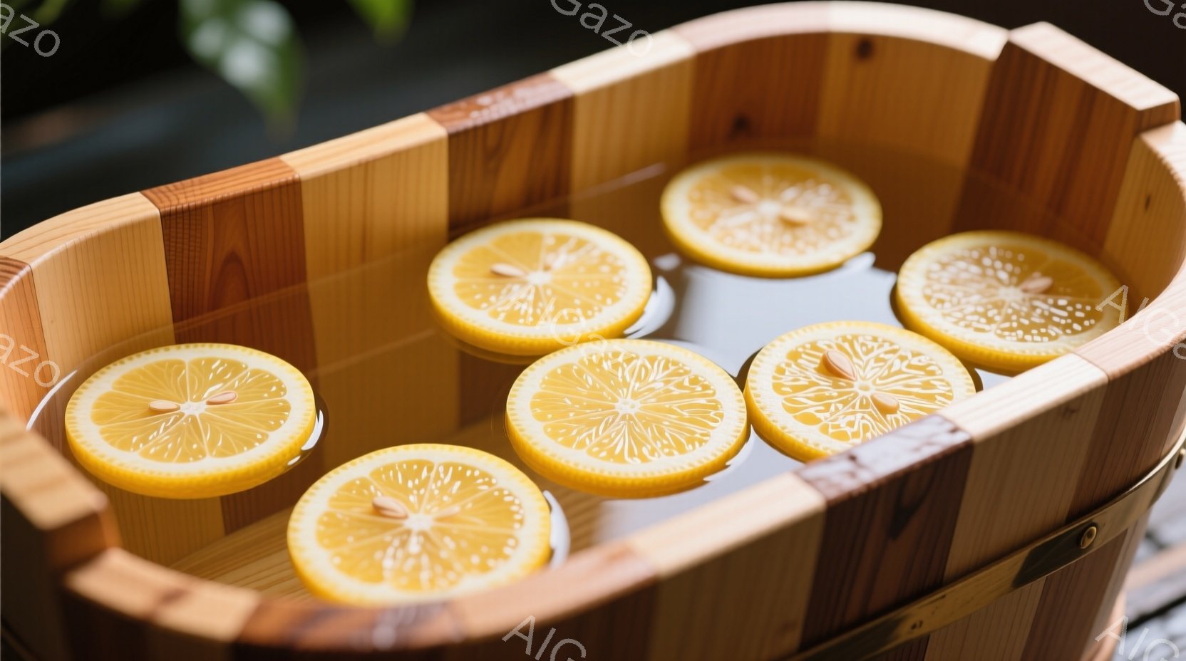 樽型の容器に、薄切りにしたレモンの輪切りが浮かんでいます。木製の樽は暖色系の茶色で、水面には光が反射し、レモンの黄色が鮮やかに映えます。背景はぼやけていますが、緑色の植物が見え、リラックスできる自然の雰囲気が漂っています。