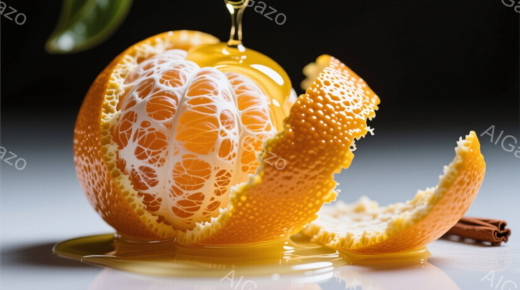みかんが剥きかけで、果汁が滴り落ちているクローズアップ写真です。果肉の鮮やかなオレンジ色と、剥かれた皮の質感が強調されており、光沢のある表面が印象的です。背景は暗く、白い台の上に配置されており、みかん - AI生成フリー素材