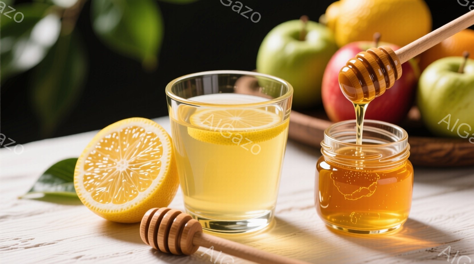 白い木製のテーブルの上に、レモンの半分、透明なグラスに入ったレモン水、蜂蜜が入った瓶、そして赤いりんごが置かれています。蜂蜜は木製のスプーンで瓶からグラスに注がれており、光沢があり、濃厚な黄色が印象的です。全体的に明るく清潔な印象で、健康的な食生活や自然の恵みを表現しているようです。