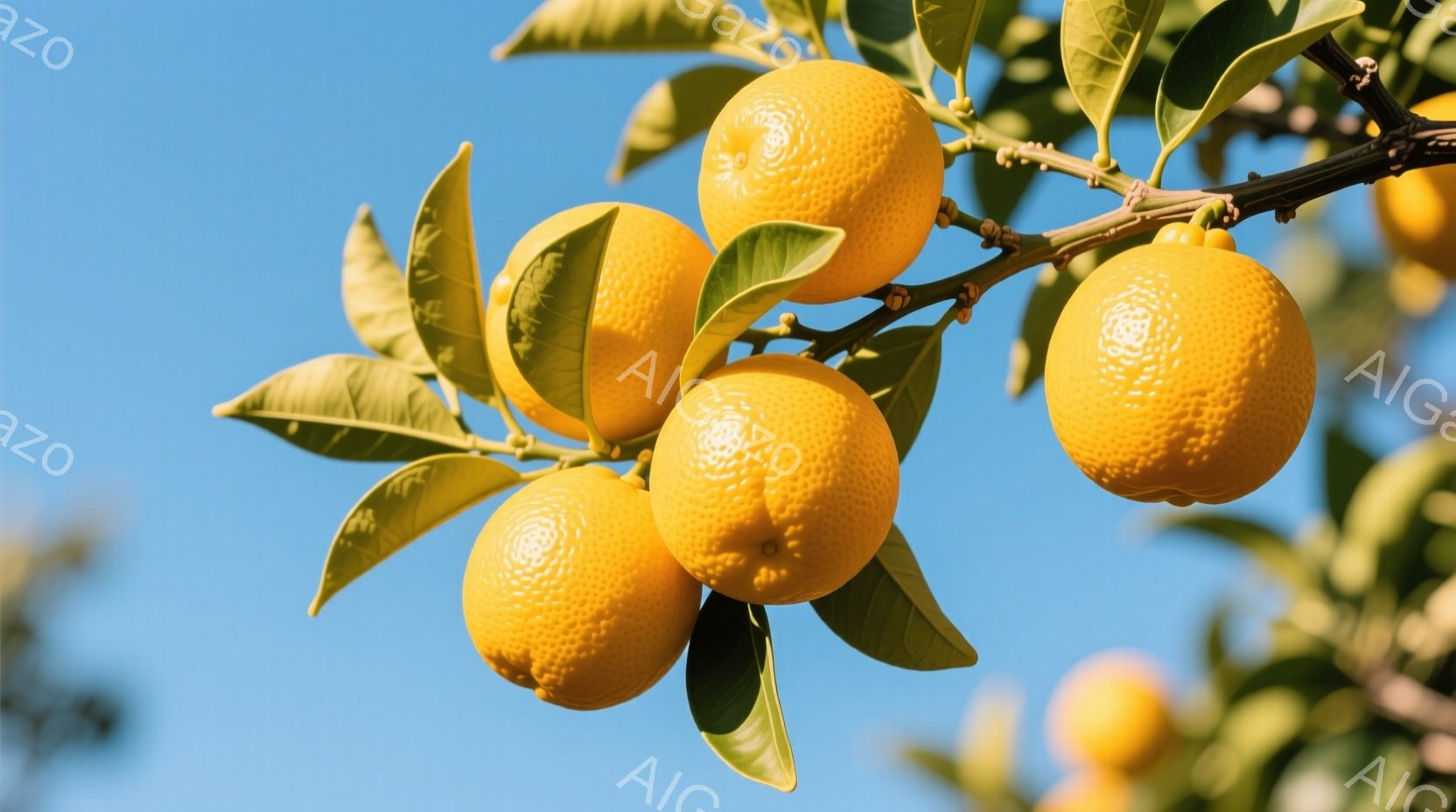 オレンジ果実がたくさんある木からハングする樹枝を描写しています。オレンジは直径約2センチで、緑色の葉と新鮮な外見を示しています。背景は一部分が切り取られたようで、他の樹木や建物などの詳細は不明です。画像から暖かく晴れた天気を察します。