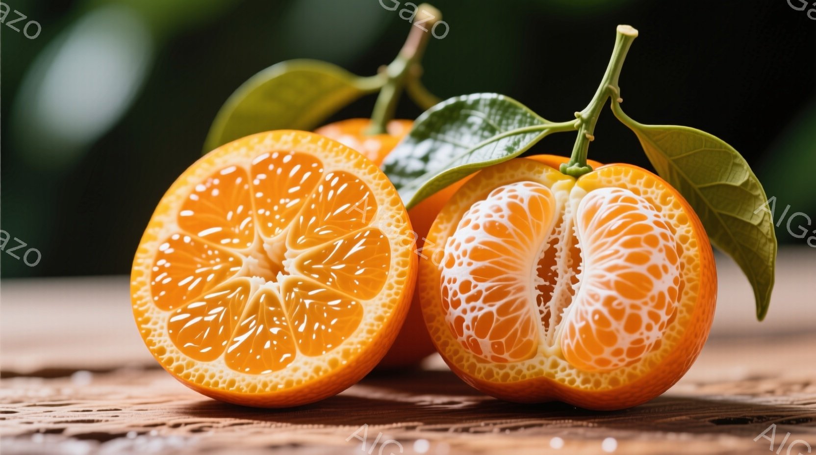 みかんが2つ、木製のテーブルの上に置かれています。片方は半分にカットされており、中身の果肉がはっきりと見え、もう片方は皮がむかれ、こちらも果肉が露出しています。背景はわずかにぼやけており、みかんの葉が添えられており、全体的に明るく、爽やかな印象を与えます。