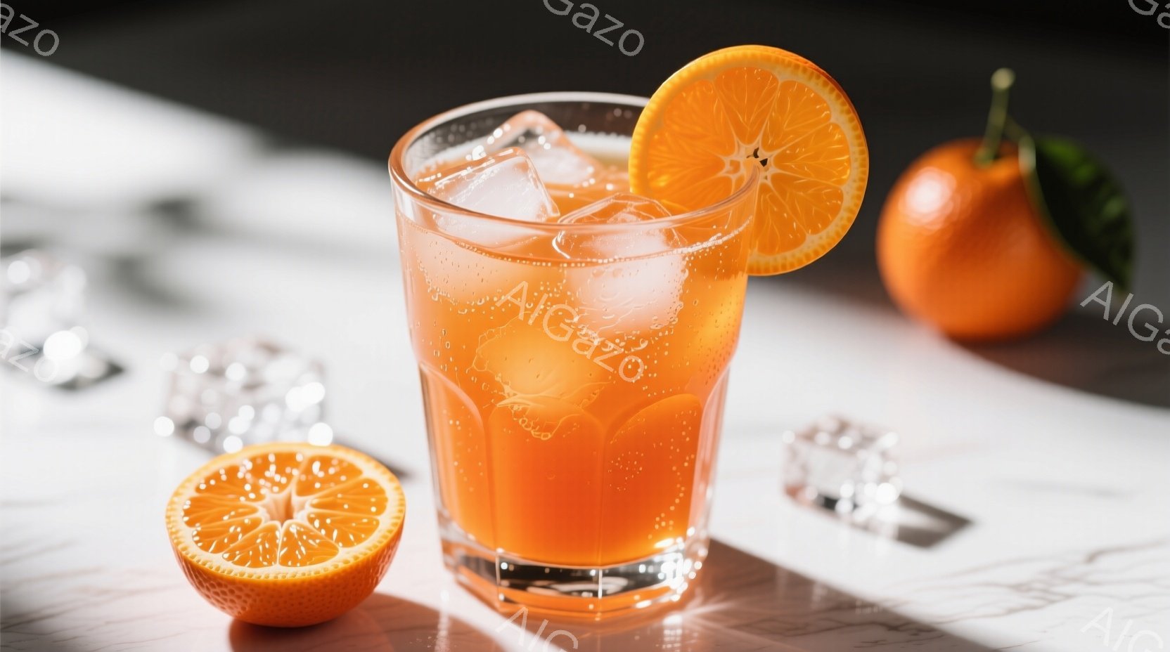 鮮やかなオレンジ色のドリンクがグラスに満たされ、氷とオレンジのスライスで飾られています。背景には、半分にカットされたオレンジと氷の塊が置かれ、大理石のような白い表面に影が落ちています。全体的に爽やかで、夏らしい雰囲気を感じさせます。