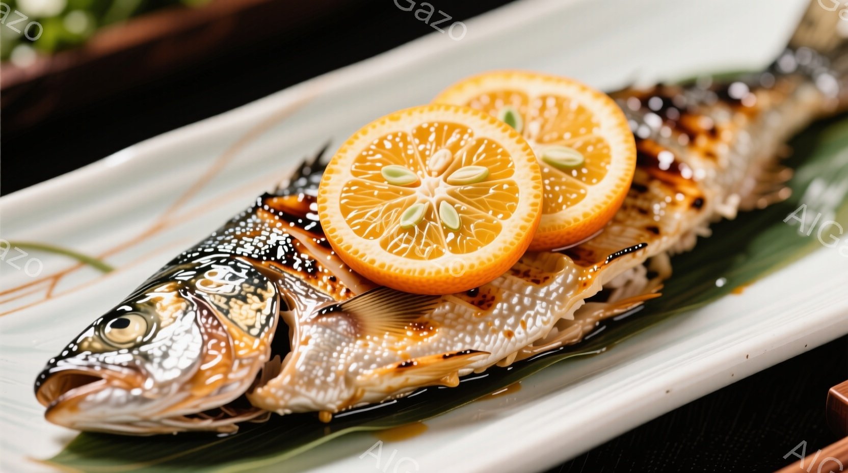焼き魚が白い長方形の皿に盛り付けられています。魚の上にはオレンジのスライスが2枚と、緑色の若芽が添えられています。皿の下には緑色の葉が敷かれており、背景はぼかしてあります。